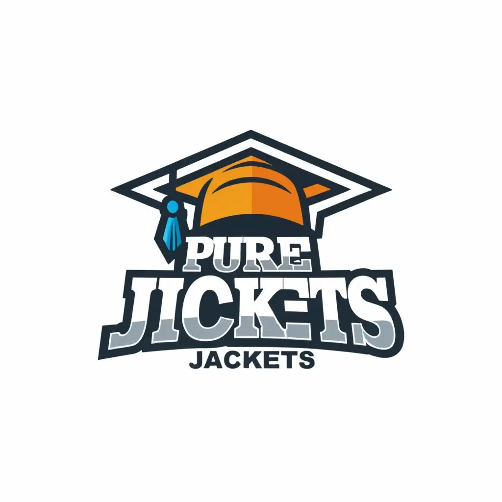 a logo design,with the text "PURE JACKETS", main symbol:GRADUATION CAB WITH VARISTY JACKETS,Moderate,clear background