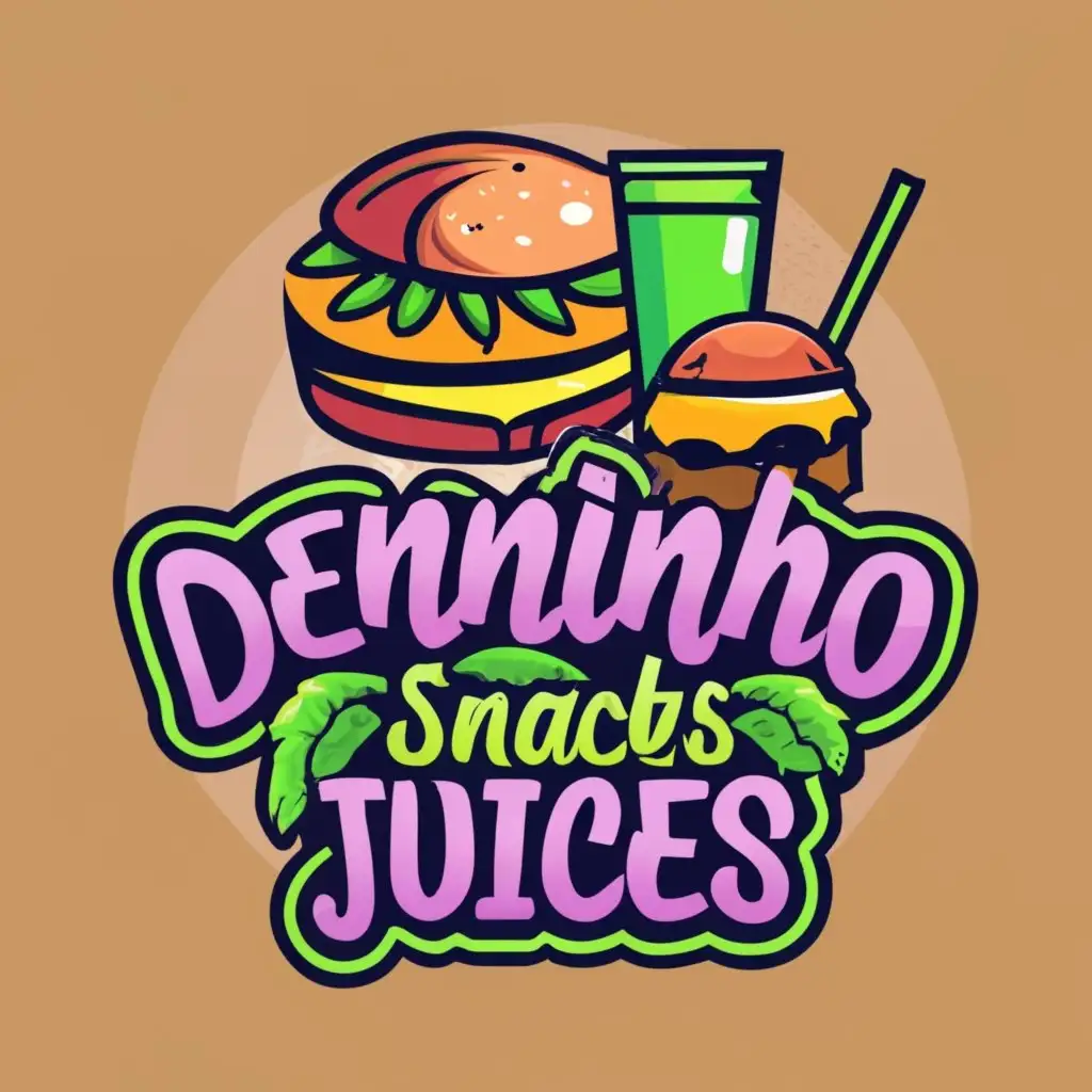 logo, Hamburger and juices and fruits, with the text "Denninho Snacks and Juices", typography, be used in Restaurant industry