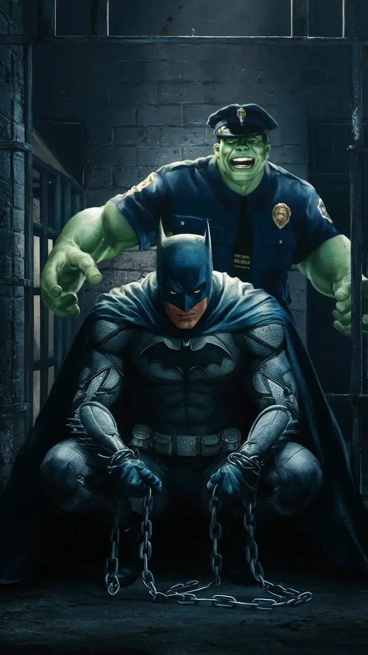 Batman in prison. Hulk is dressed as a policeman laughing
