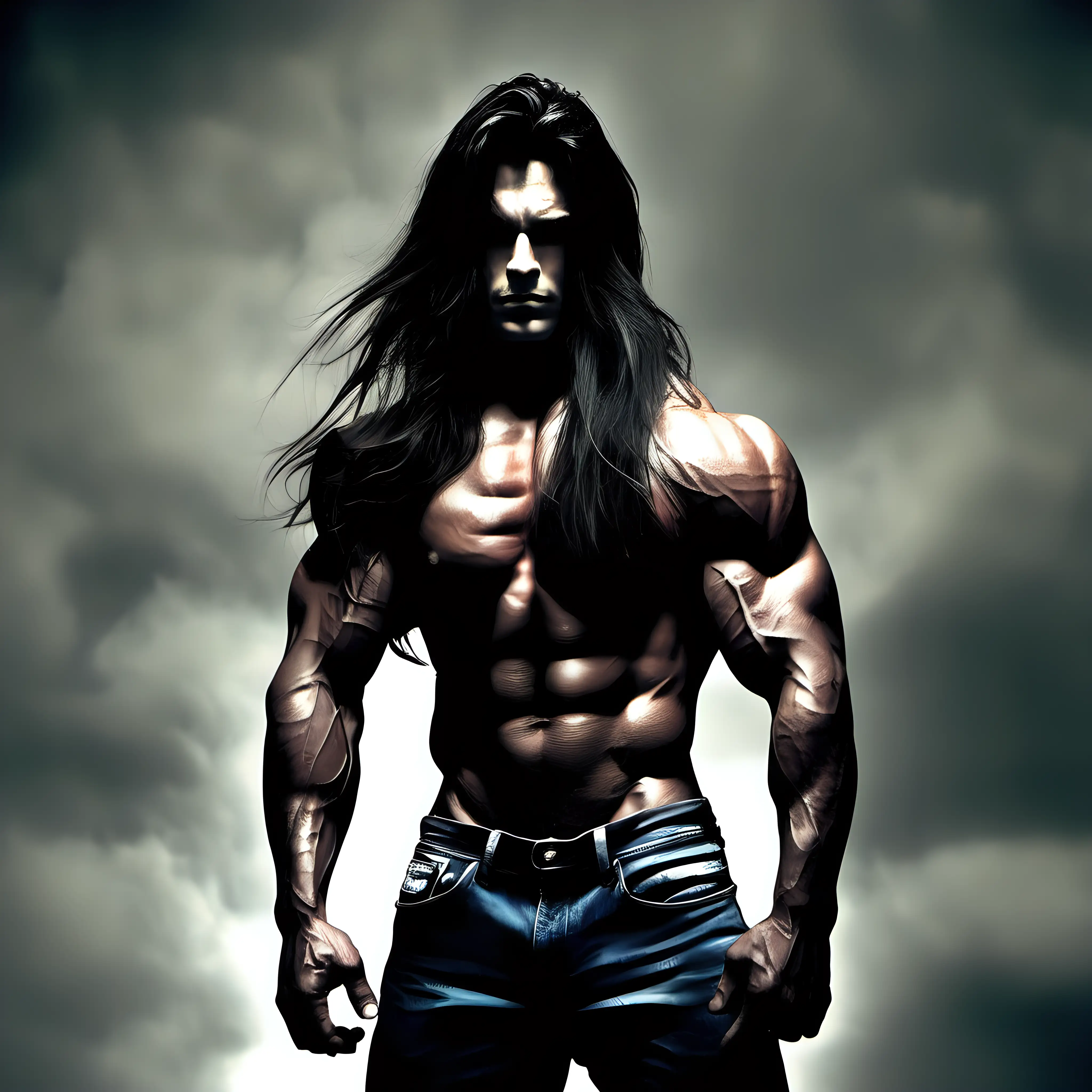 Handsome Grunge Bodybuilder with Long Dark Hair