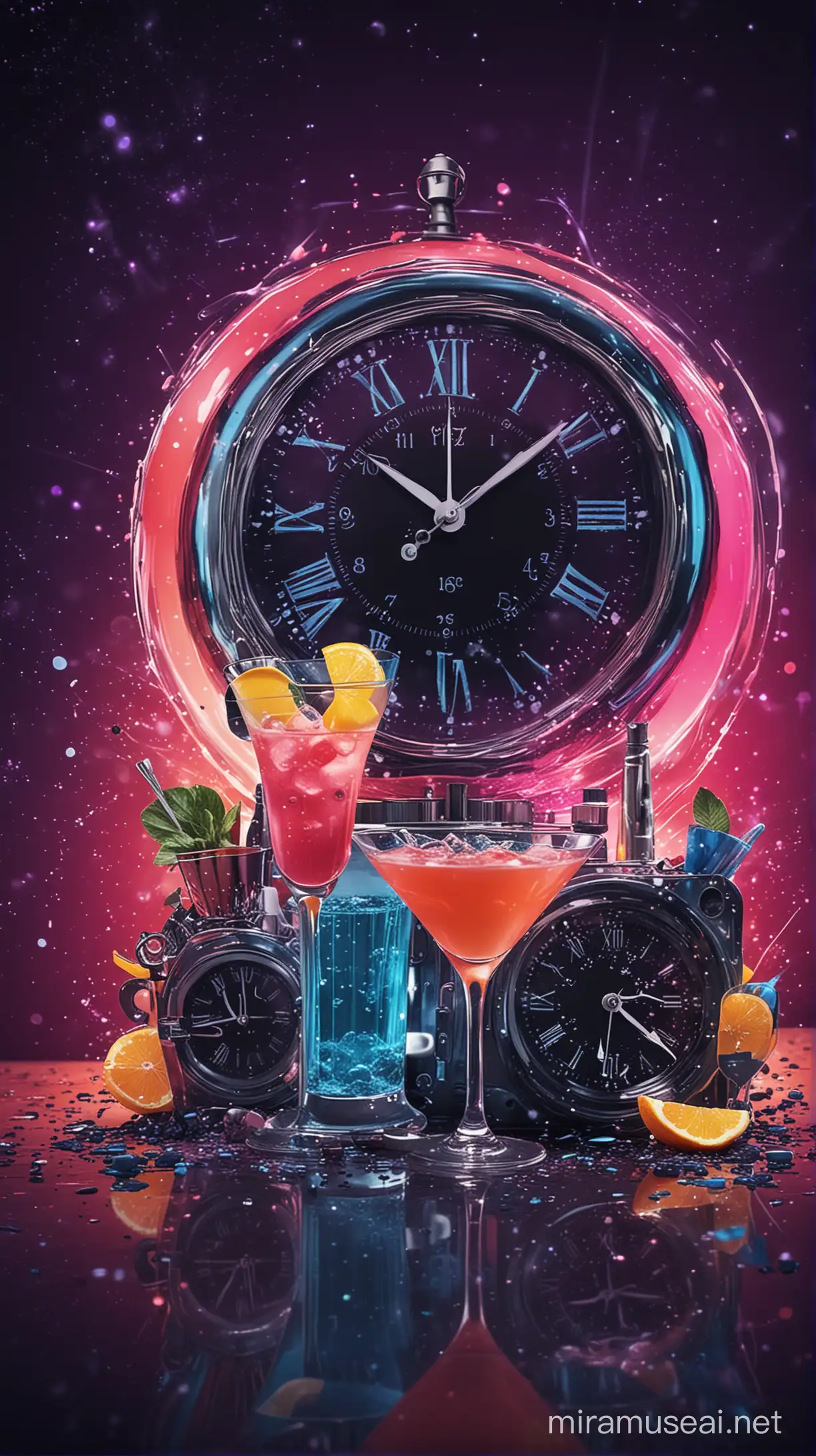 Disco Night Party Invite Smashed Cocktails and Ticking Clock on Funky Background