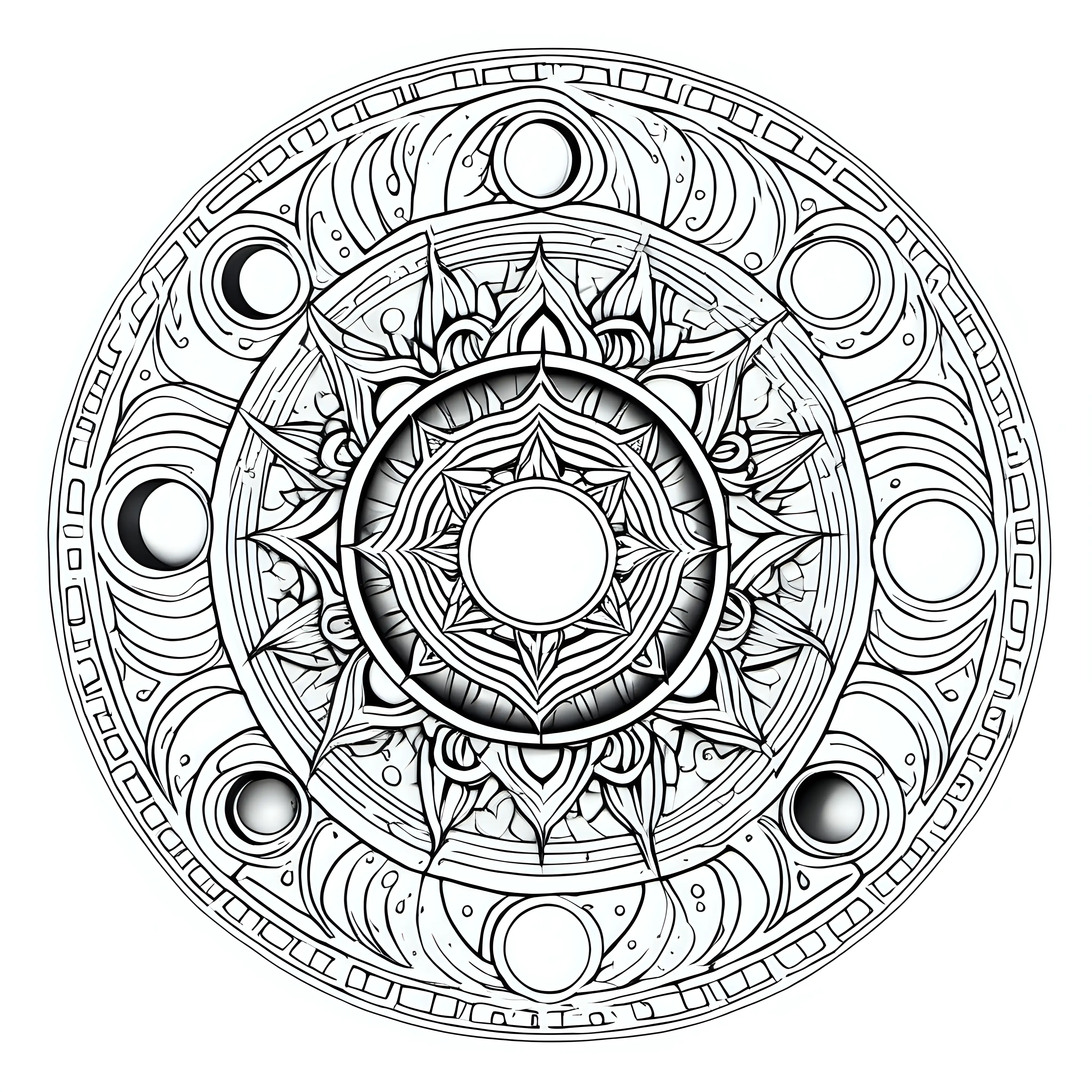Lunar Mandala: A mandala inspired by the phases of the moon, with crescents and full moon patterns. for coloring book with crisp lines and white background
