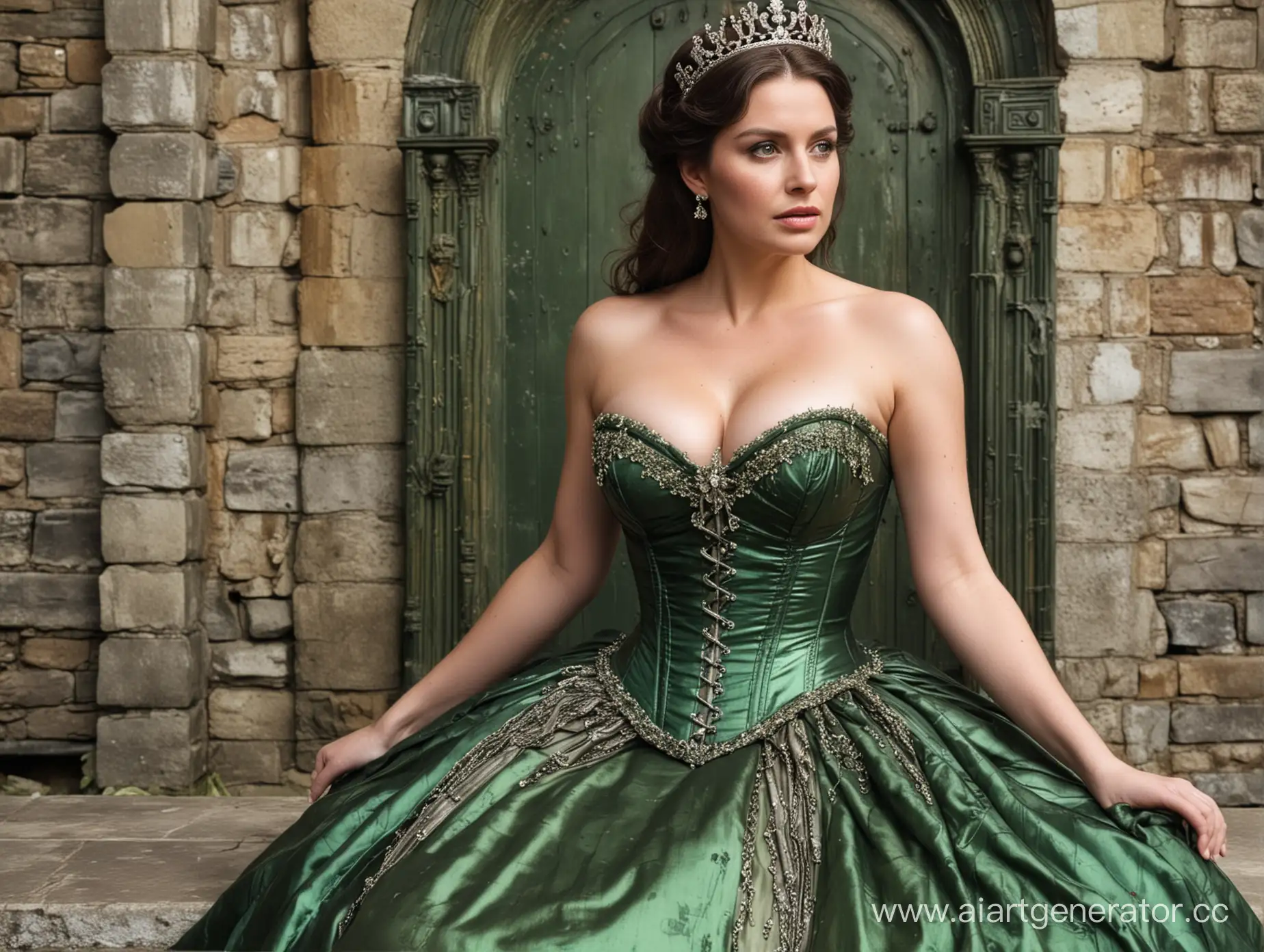 Queen-in-Steel-Corset-and-Lush-Green-Dress-Reigns-from-Ruined-Castle-Throne