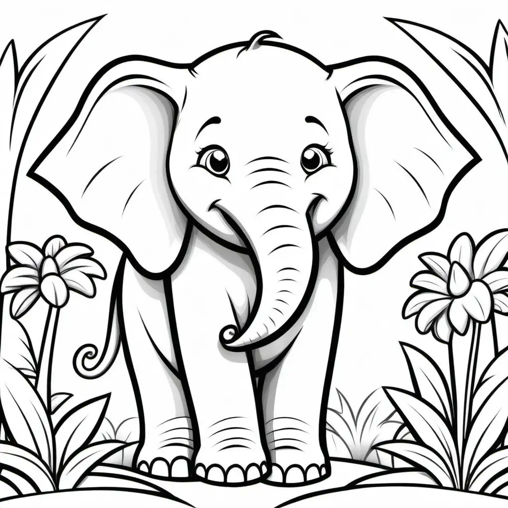 Create a coloring book page for 1 to 4 year olds. A simple cartoon cute smiling friendly faced Elphant and its friendly faced parents with bold outlines in their native enviroment. The image should have no shading or block colors and no background, make sure the animal fits in the picture fully and just clear lines for coloring. make all images with more cartoon faces and smiling