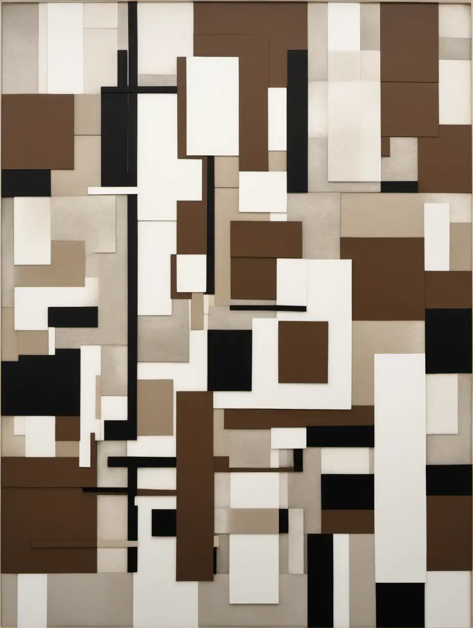 Contemporary abstract image made of white, brown and black rectangles.