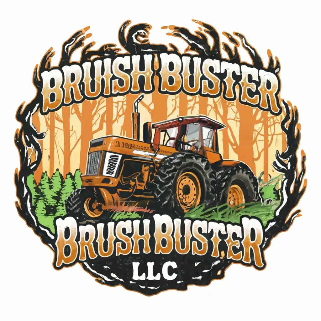 logo, badass hotrod tractor doing a burnout out of the woods with a background of a swamp, with the text "brush buster LLC", typography