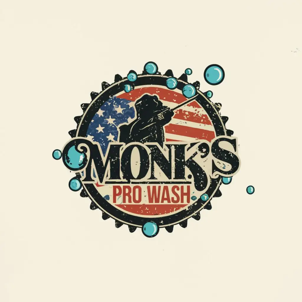 LOGO-Design-for-Monks-Pro-Wash-American-Flag-Badge-Pressure-Washing-Gear-Bubbles-and-Dog-Silhouette-on-a-Moderate-Clear-Background