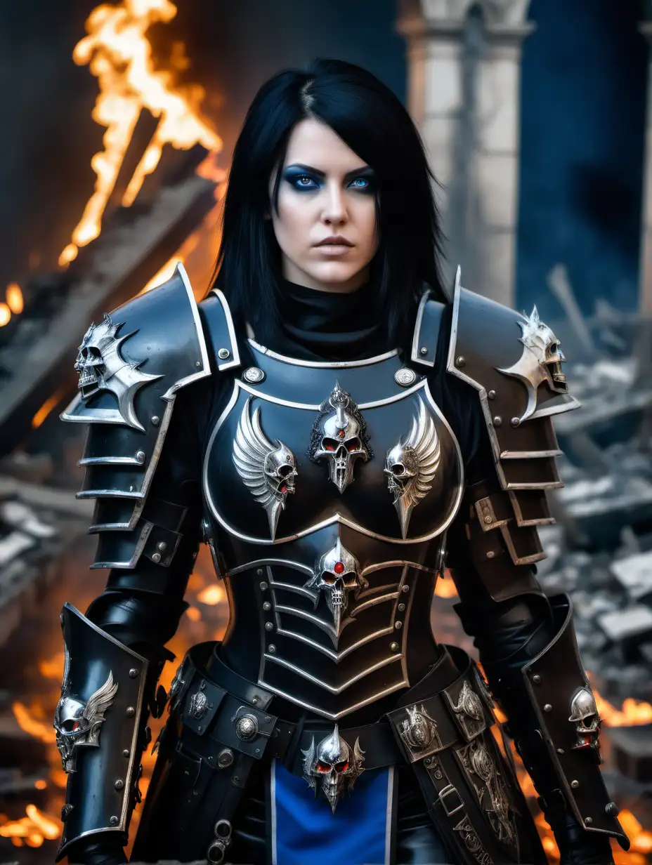 Portrait of a beautiful member of the Adepta Sororitas, wearing black heavy armor with shoulderlength straight black hair, blue eyes, standing with burning ruins in the background of image.