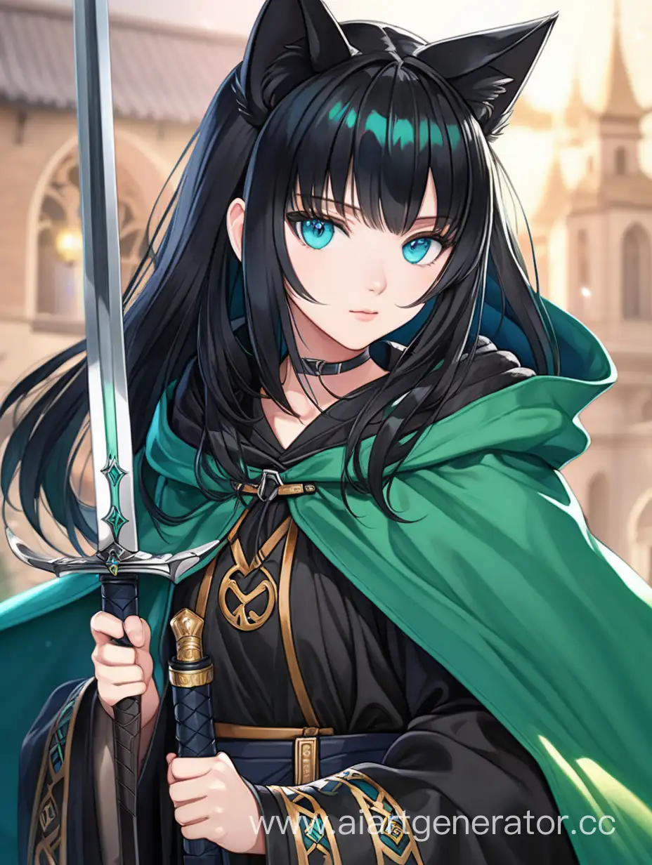 anime style woman with black cat ears black hair blue eyes bright skin green cloak with sword on back
