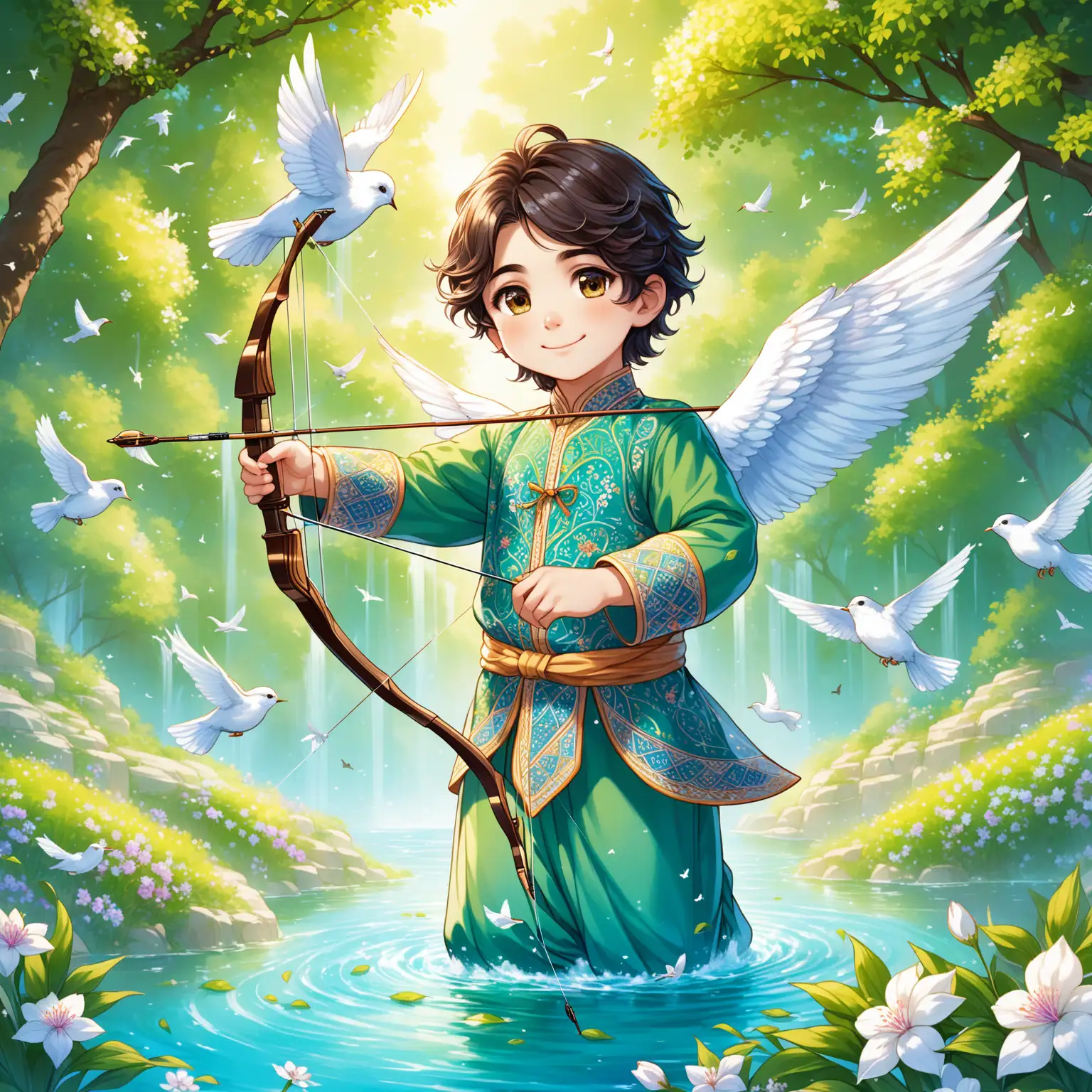 Character Persian 9 years old boy(shooting a bow at Sybil, smaller eyes, bigger nose, white skin, cute, smiling, clothes full of Persian designs, heavenly boy).

Atmosphere flowing water from the spring with flowers, nightingales and flying birds in spring.