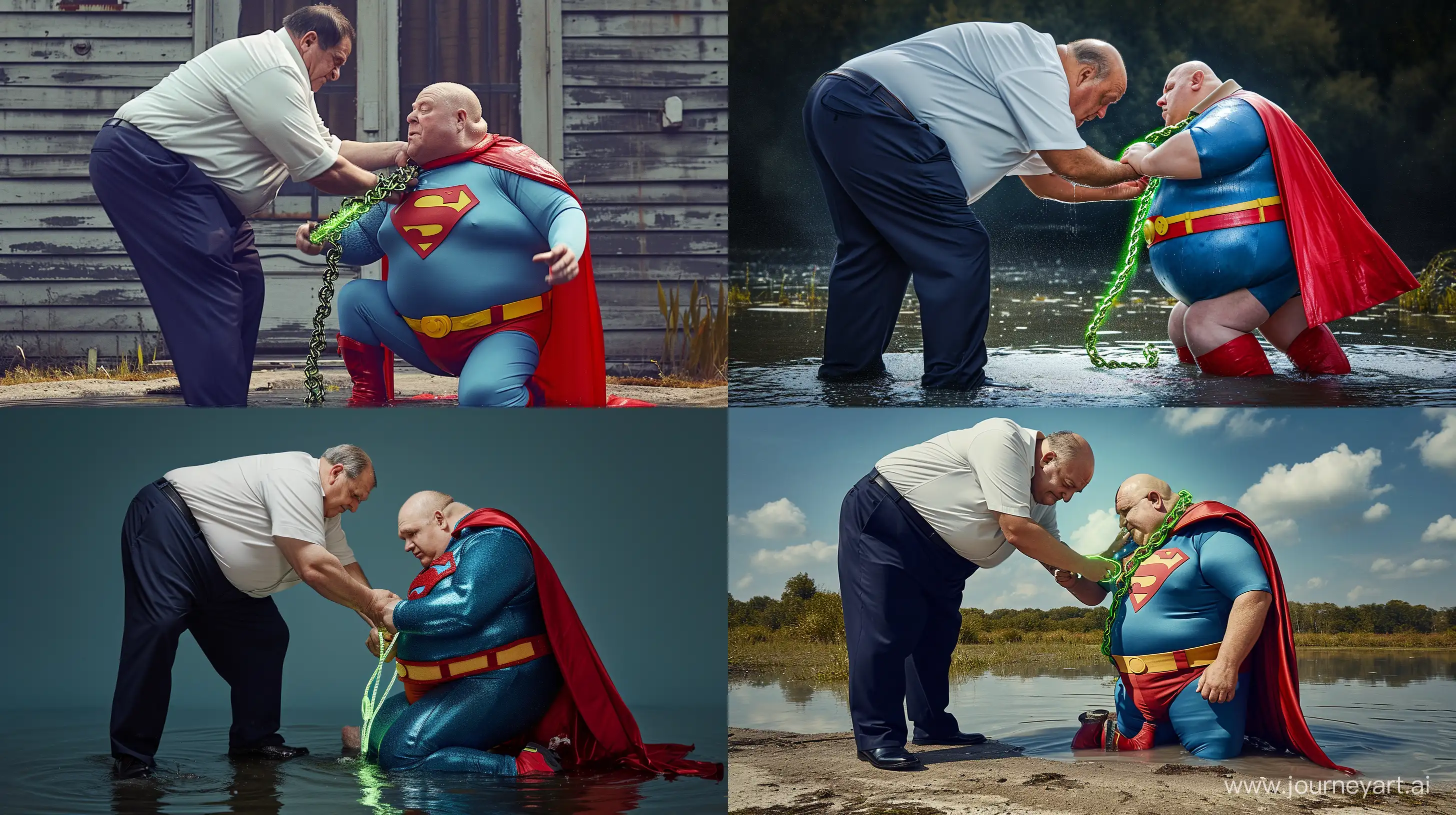 Elderly-Superman-Duo-A-Playful-Water-Affair-with-a-Green-Chain