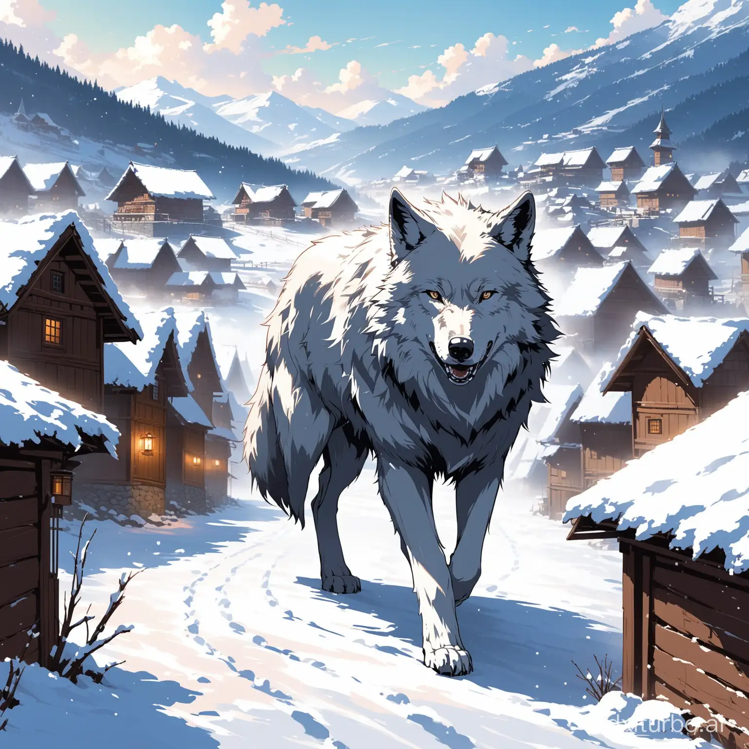 a big wolf walking on a village covered by snow