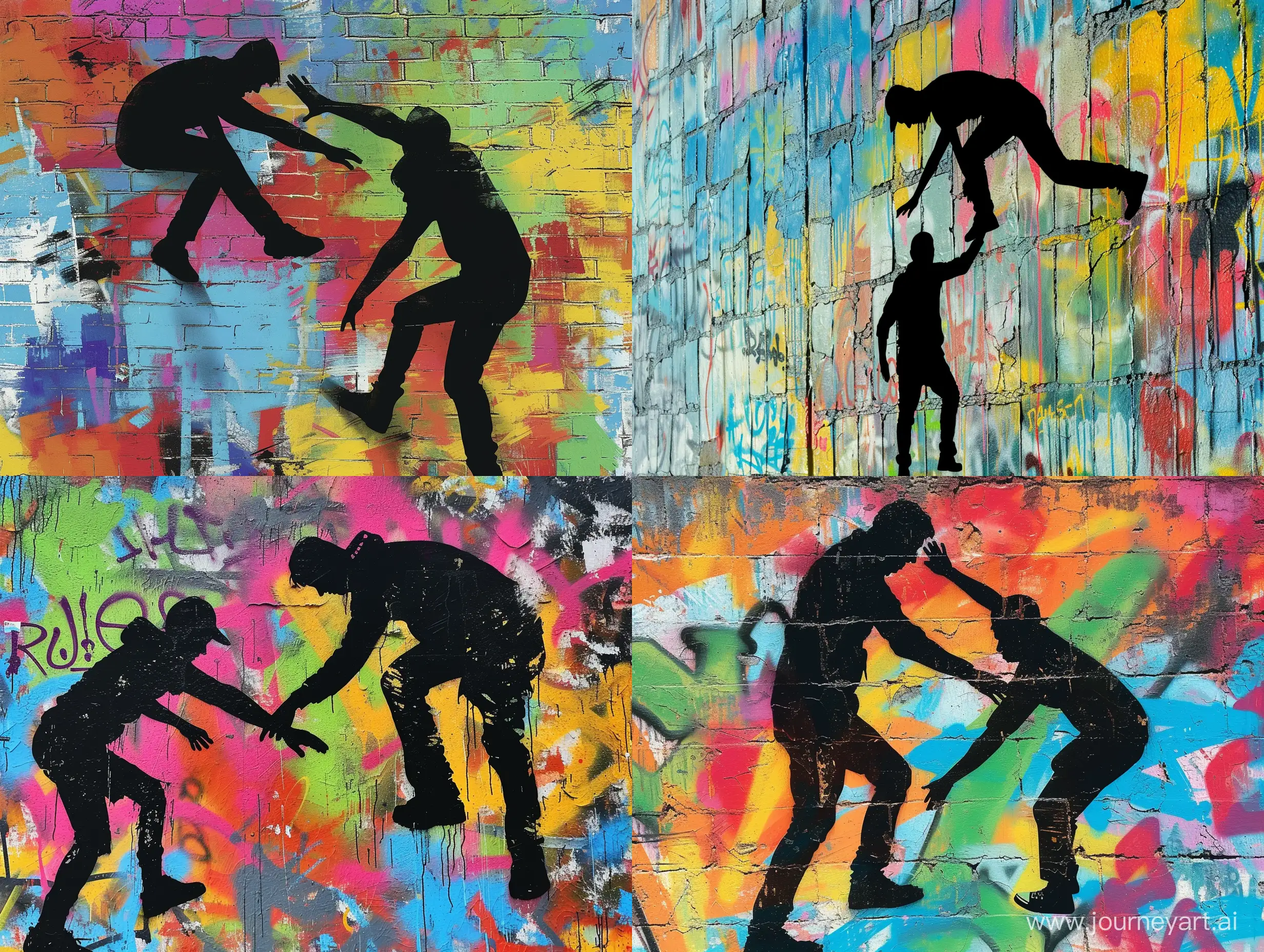 graffiti pop art themed, one man silhouette reaching down to another man to help him climb up