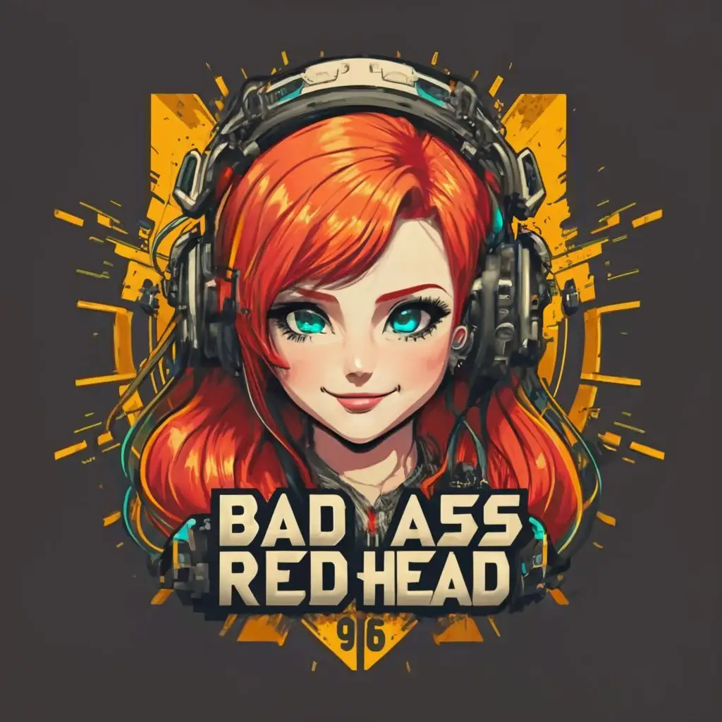 logo, A bad ass gamer red headed girl with headphones smiling with blue eyes, with the text "Bad Ass Red Head 96", typography