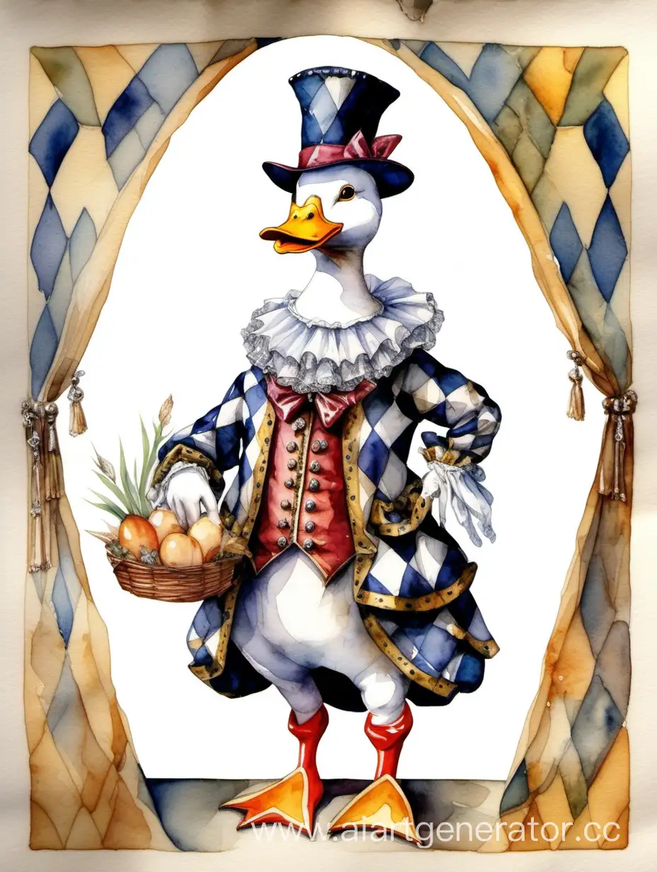 Watercolor-Duck-in-Harlequin-Costume-Renaissance-Style-Painting
