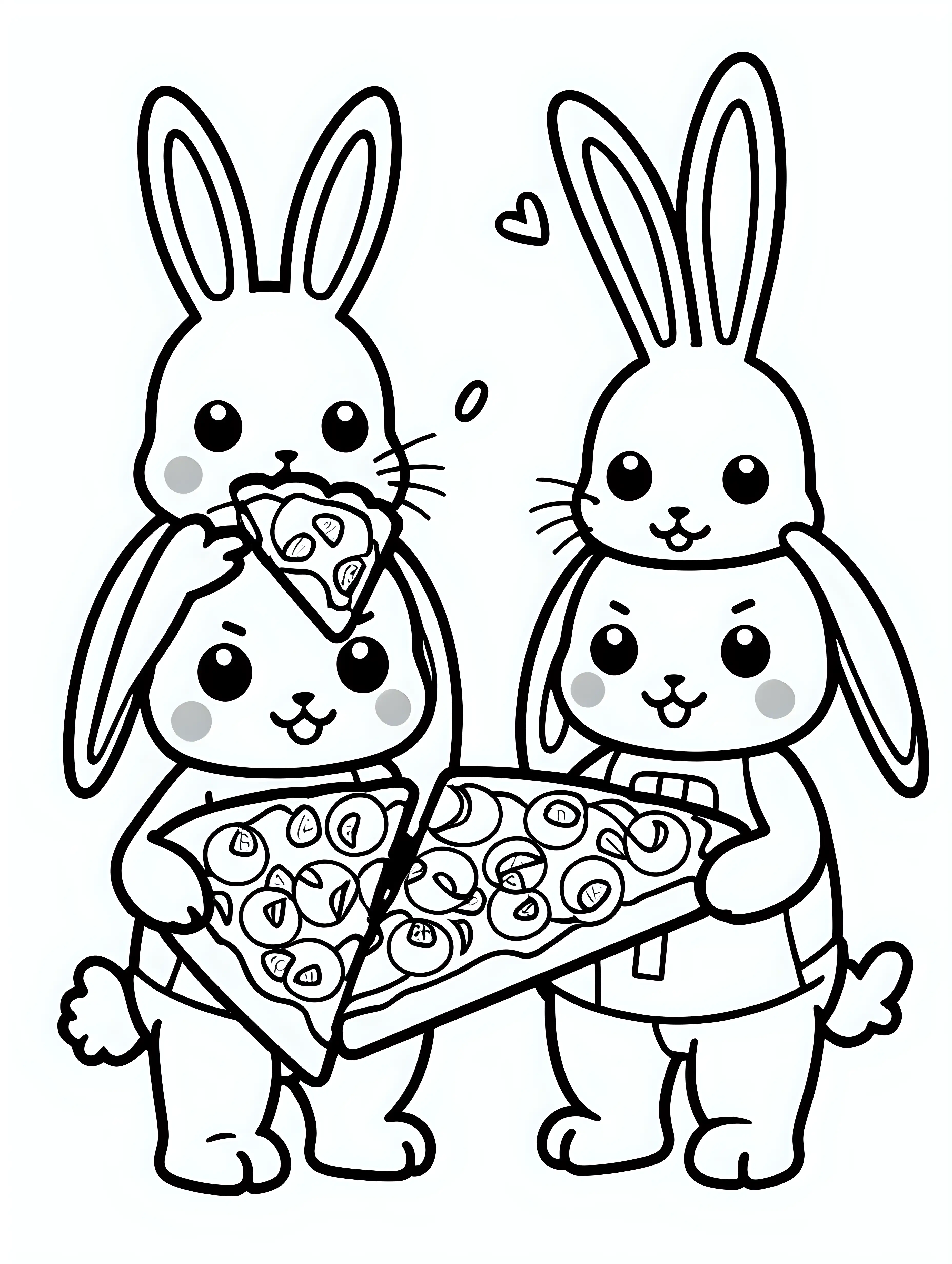 coloring page for kids with two cute kawaii bunnies eating pizza, black lines white background, only black and white