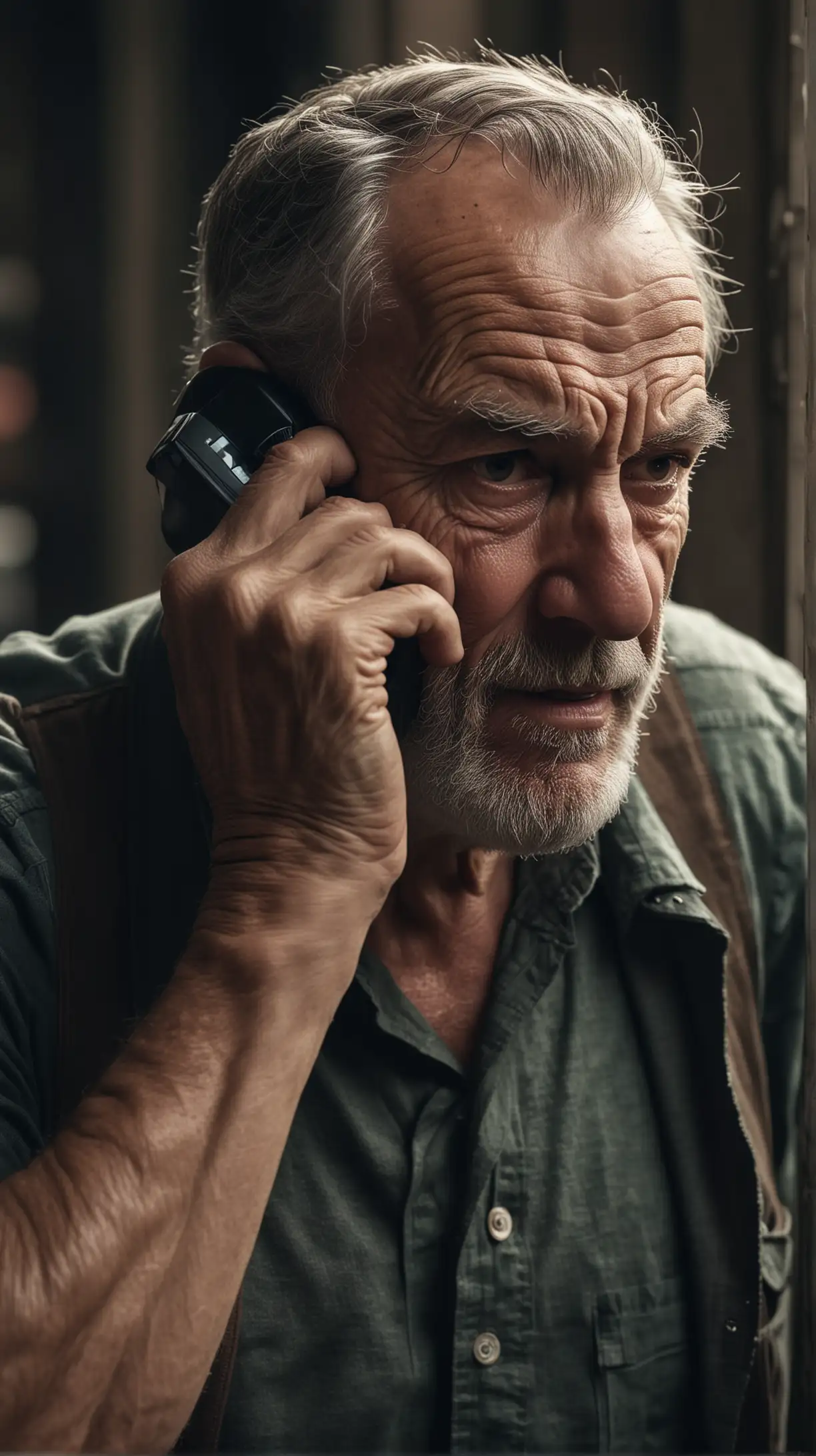 A image of a Muscular old man is talking over a cell phone, in public. Create Spirited , mildly dark and mildly colourful, atmospheric images inspired by noir video games. Use with Vision XL for best results.