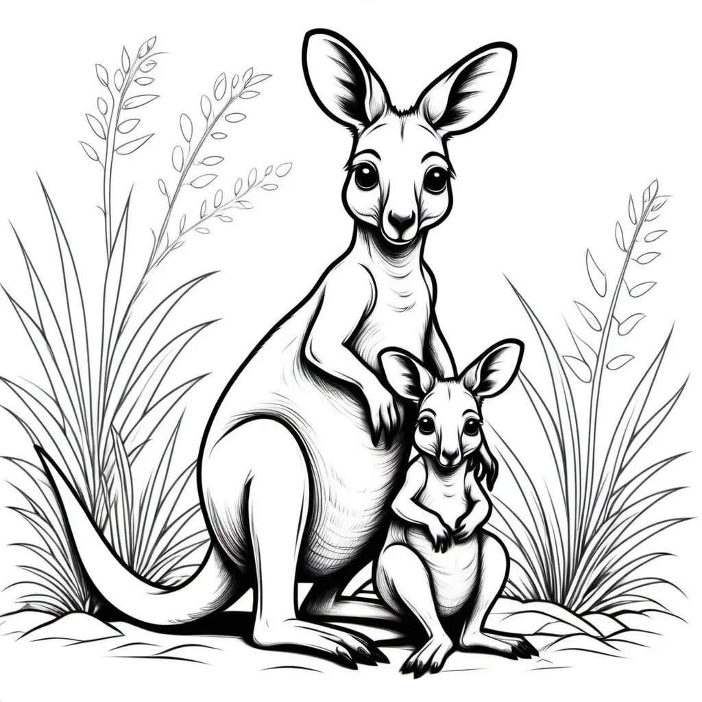 cute kangaroo with baby in pouch coloring page