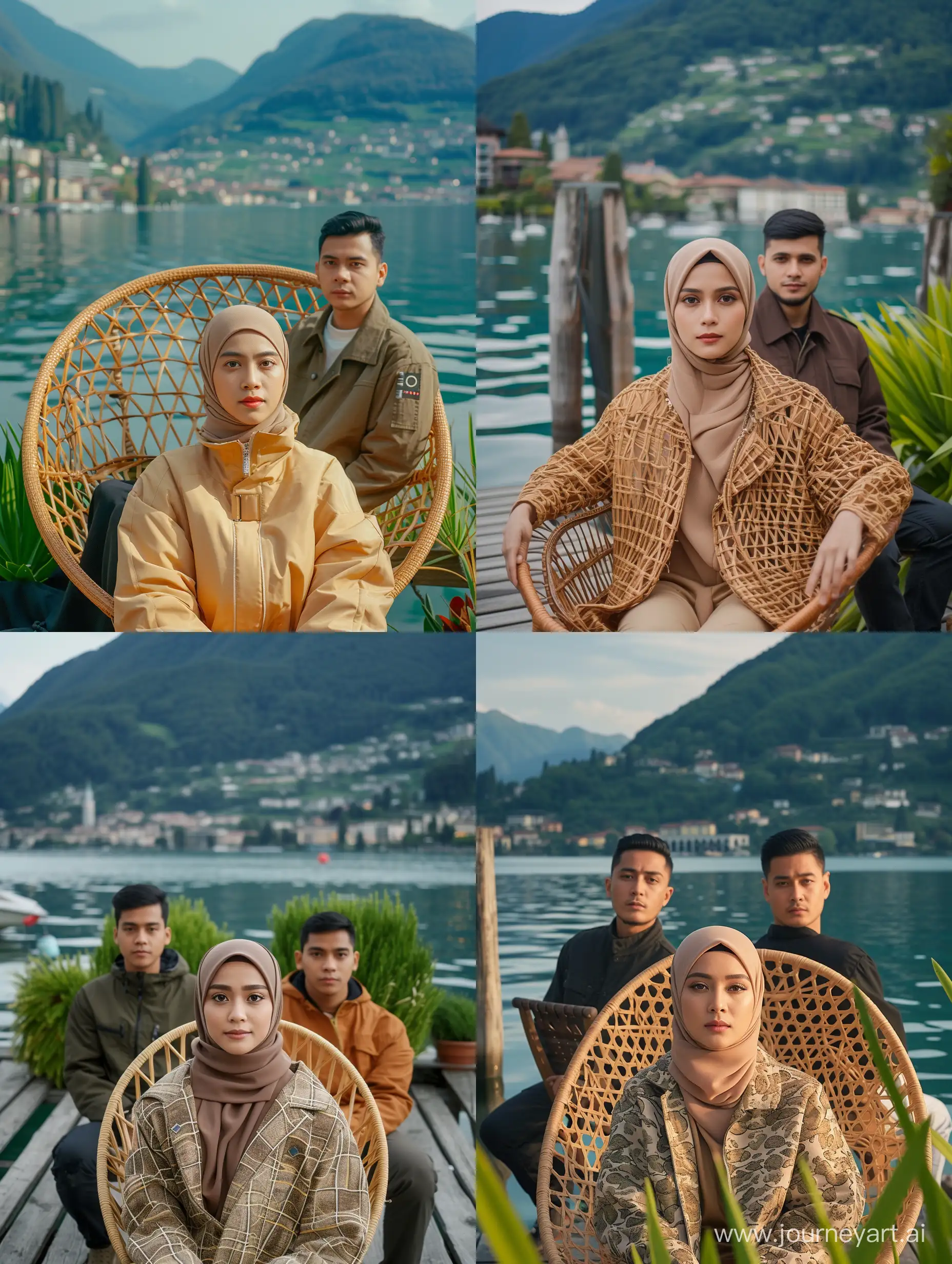 A pair of men with short black hair. Indonesian Javanese hijab woman (25 years old, long and clean face, thin body, brown skin, cool and beautiful jacket, in Lugano Switzerland, behind there are hills and lakes. Photo facing front, face looks clear and detailed, sitting in a beautiful chair woven, calm lakeside with beautiful Swiss mountains in the background and buildings that look rather small, they seem to be enjoying the beautiful view with the clear water of the lake and the green hills of the Swiss mountains. The wooden pier where they are standing is there, photographic pose, there are lush plants and lush, provides a beautiful view of the location, whether sitting in a beautiful chair, minimal lighting, ultra HD, full body, original photo, very detailed, photography, very sharp, 18mm lens, realistic, photography, Leica camera