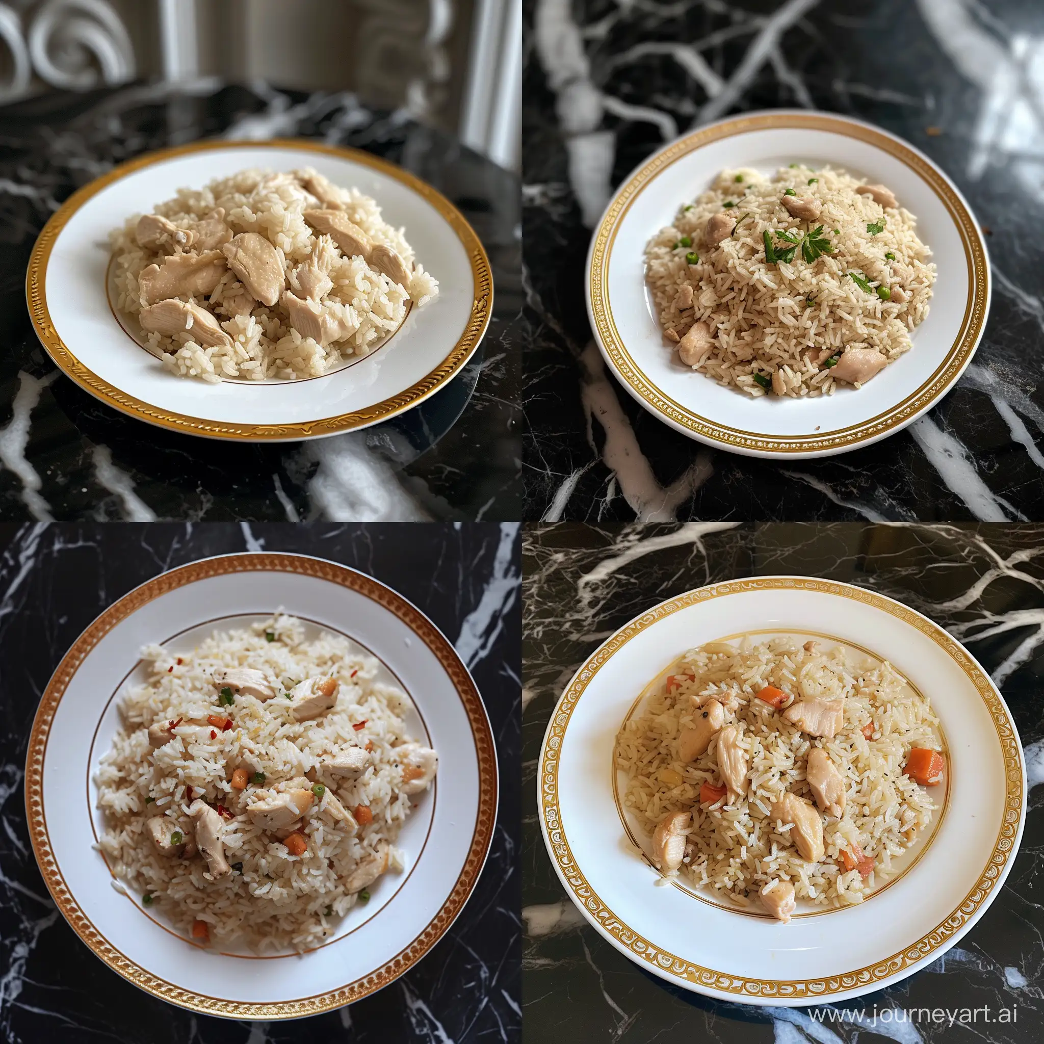 Delicious-Chicken-Rice-on-Elegant-GoldBordered-Plate