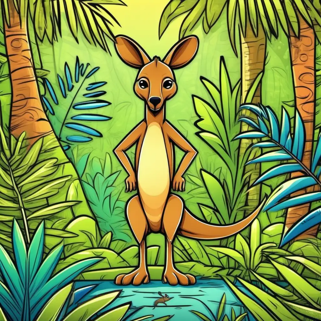 /imagine kids illustration, Kangaroo rex in a jungle, cartoon style, Thick Lines, low details, vivid color --ar 9:11