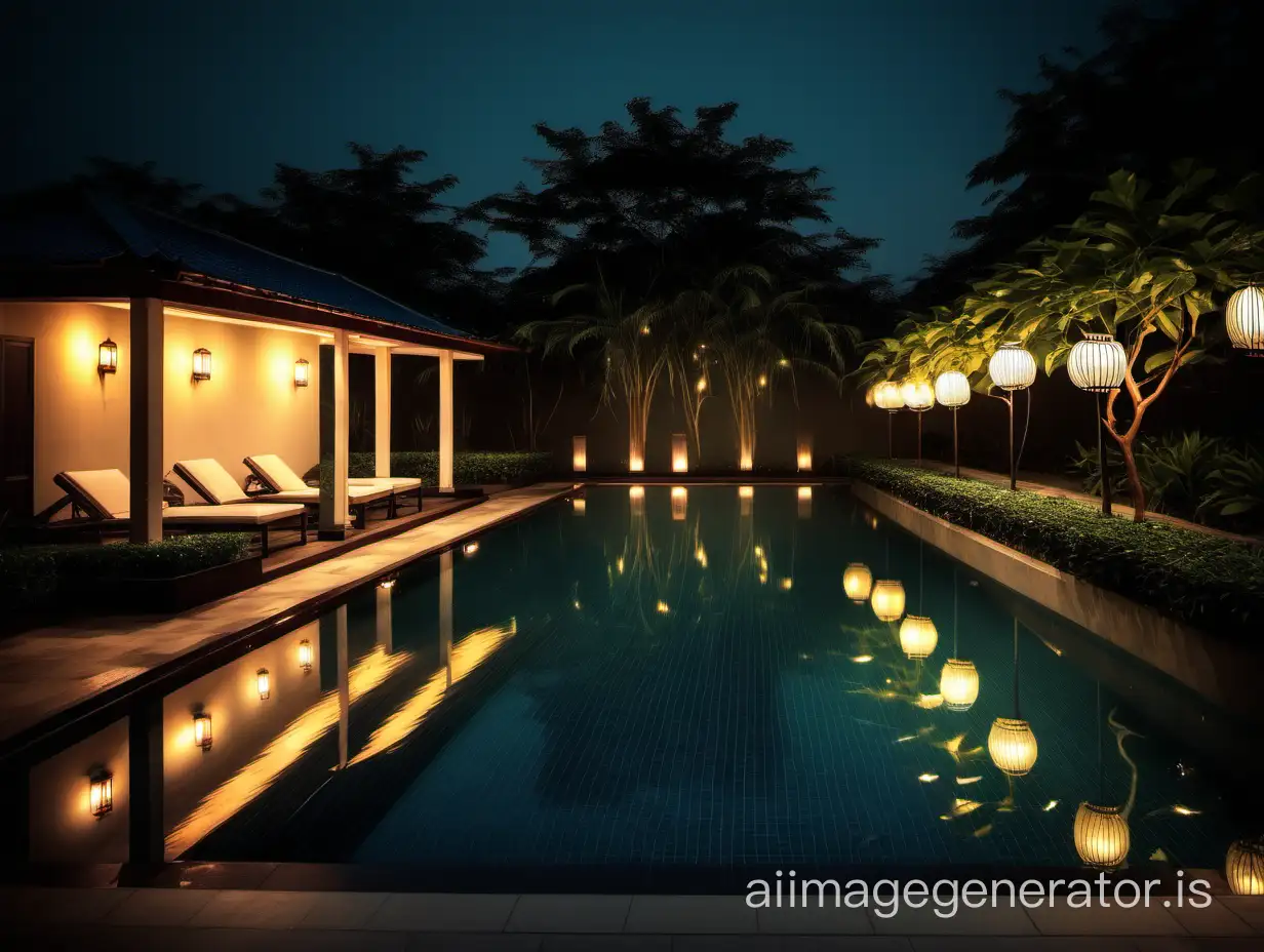 gambarkan kolam renang yang sangat cantik, suasana malam, lampu lentera temaram