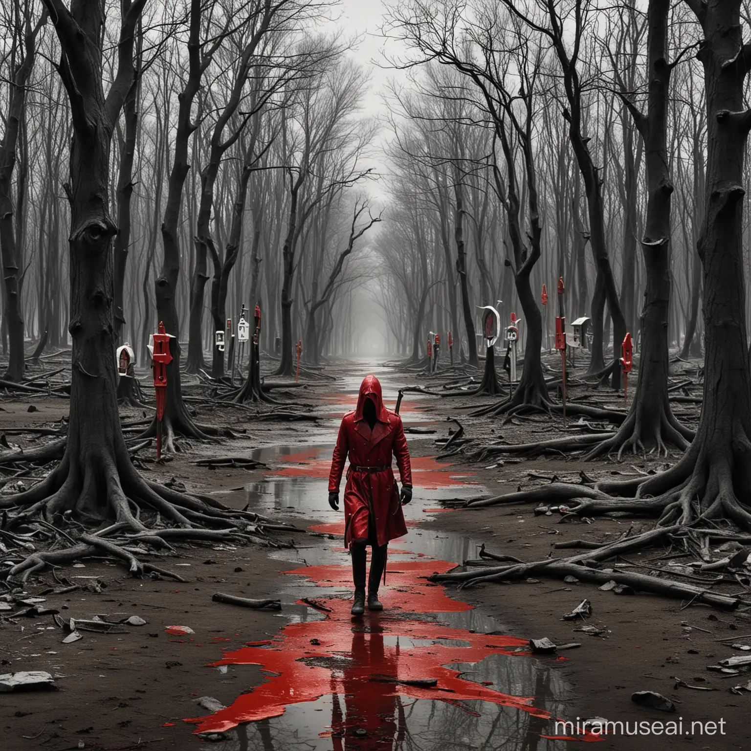 Surreal landscape: barren, distorted trees, melting clocks, distorted figures.
Shadowplay: a fight of a character against darker, monster versions.
Symbolic objects: masks, daggers, watches, emphasizing the themes mentioned in the text.

Red: represents passion, anger and pain.
Black: symbolizes darkness, mystery and depression.
White: symbolizes hope, purity and redemption