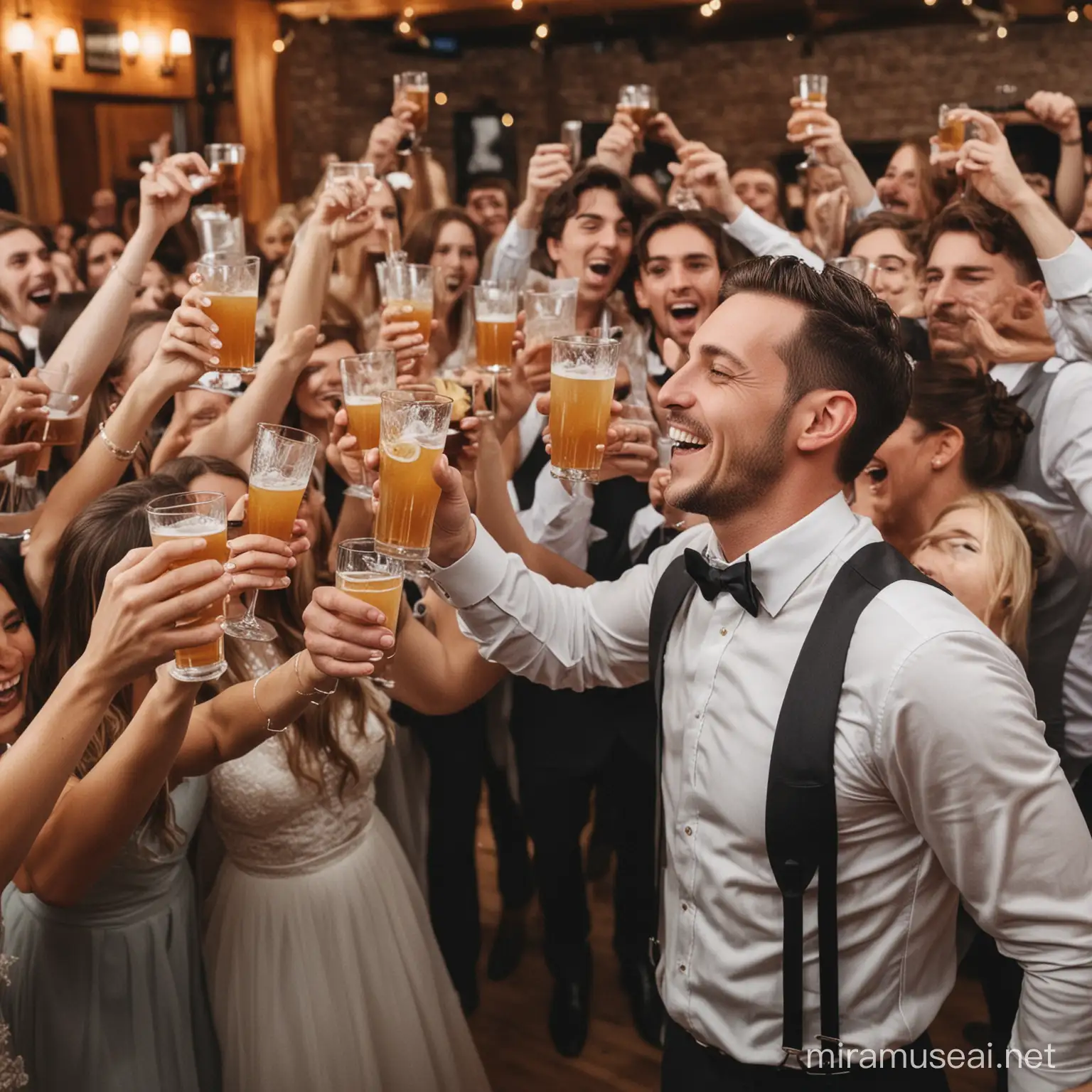 A picture of a crowd having a wonderful time at a wedding reception with drinks in their hand from the point of view of the bartender