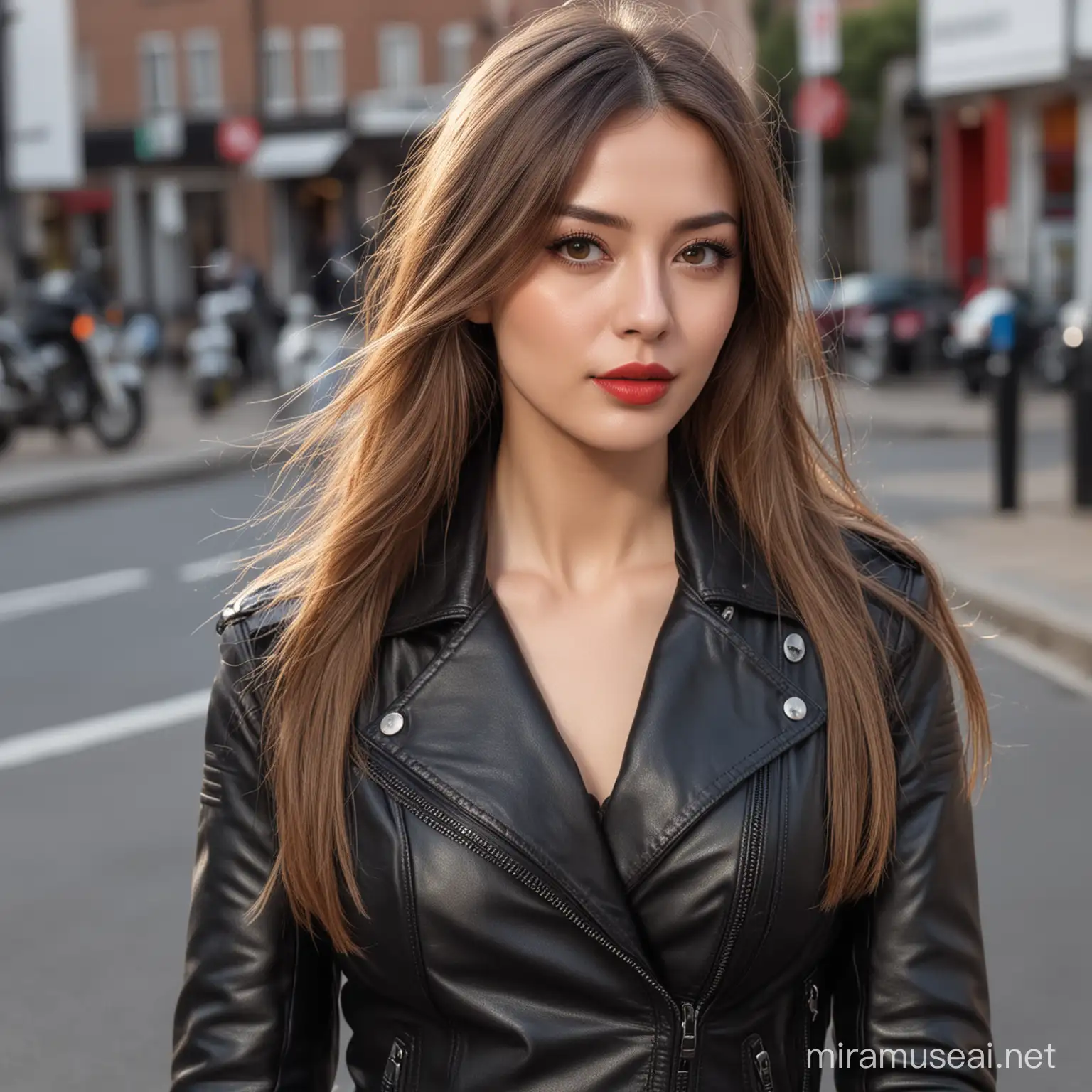 solo person，solo，elongated face，Tall nose，largeeyes，double eyelid，Light-colored eyeshadow，Redlip，Long hair shawl，mature pretty woman，Slim figure，Black leather jacket and skinny leather pants，Leather glove，Leather boots，Stand up，outside，the street，the motorcycle，Look to the lens，hyper qualit，4K，Photo level，True skin texture，
