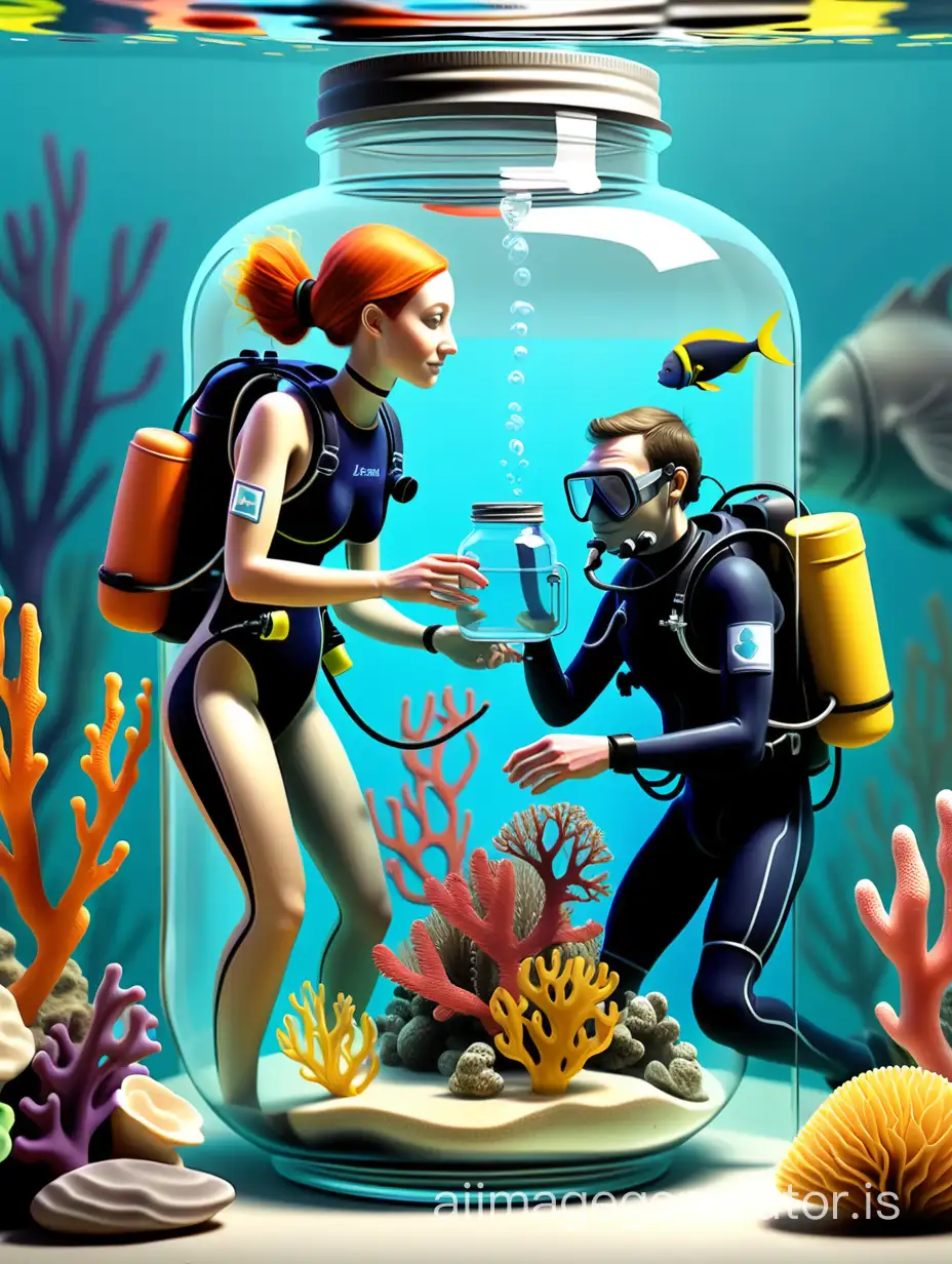 A man and a woman scuba divers in a jar full of water. The jar looks like an aquarium with artefacts in it. Realistic style. Bright colours.