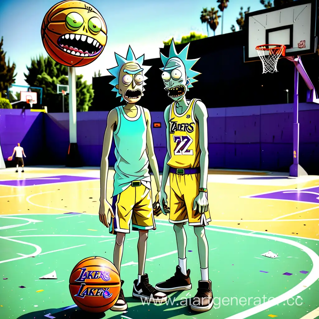 Rick-and-Morty-Playing-Basketball-with-Diamond-Teeth-at-Lakers-Stadium