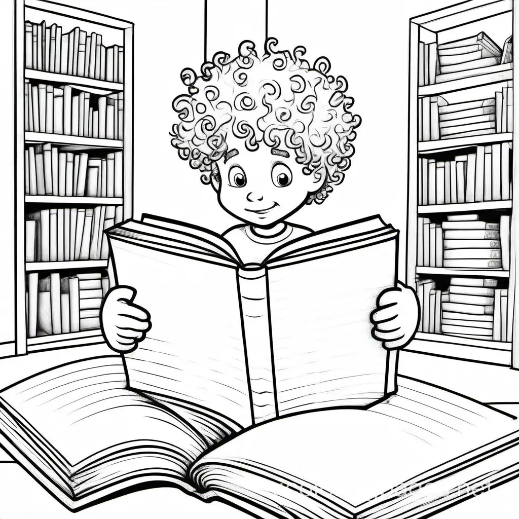 Little boy with curly hair in his room reading a big book, Coloring Page, black and white, line art, white background, Simplicity, Ample White Space. The background of the coloring page is plain white to make it easy for young children to color within the lines. The outlines of all the subjects are easy to distinguish, making it simple for kids to color without too much difficulty