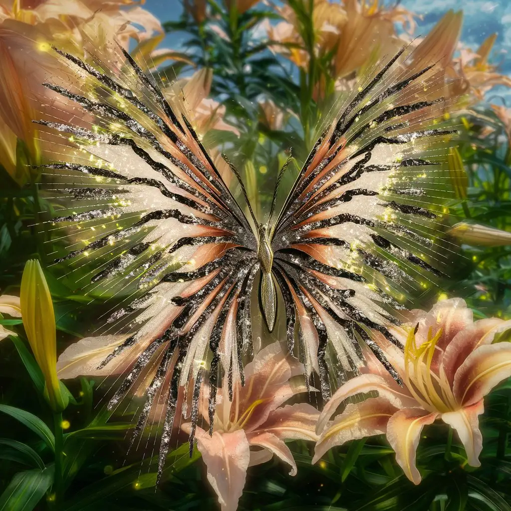 intricate wings butterfly, sunny summer day, tiger lily flowers, sun rays, glitter, shine, glowing, sparkle, peach, bronze, black, gold, ivory