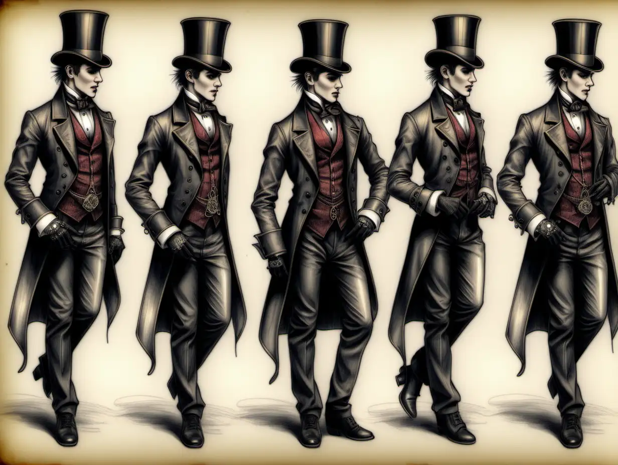 one image of Romeo set in Victorian London, tattoos, top hat tails, Victorian gang, steampunk, costume design sketch