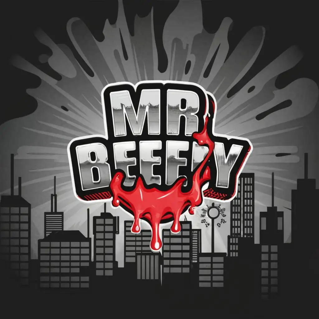 a logo design,with the text "Mr Beefy", main symbol:3d text saying "MR BEEFY" with black and red graphic with red drips and black accents with a greyscale city in background,Moderate,be used in Travel industry,clear background