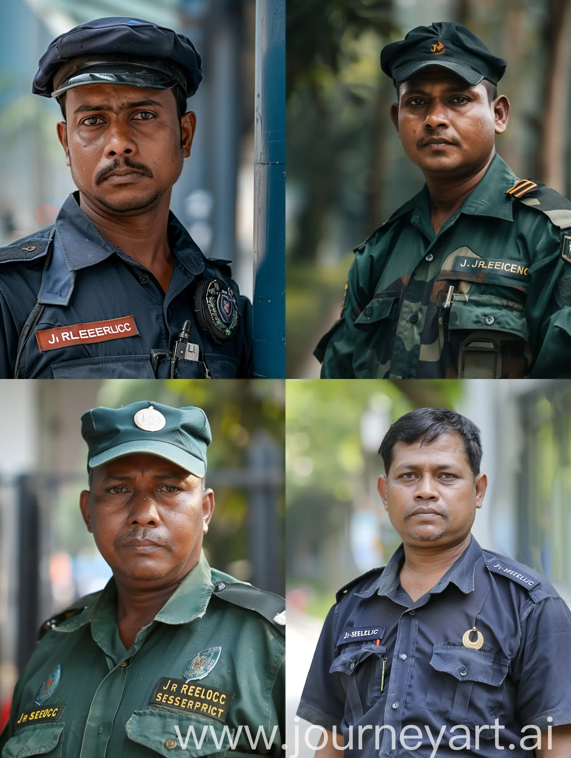 Bangladeshi Security guard. Has Jr Security Service Limited batch on shoulder