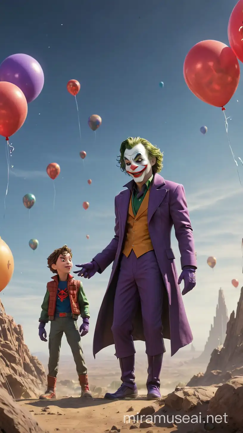 El Joker conversando con el hombre araña en un misterioso planeta, con fondo el universo lleno de planetas y globos 