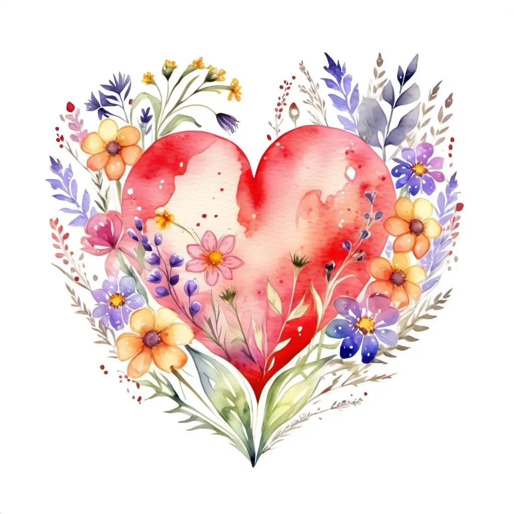 fairytale style watercolor heart with wildflowers,valentine vector, white 
background 