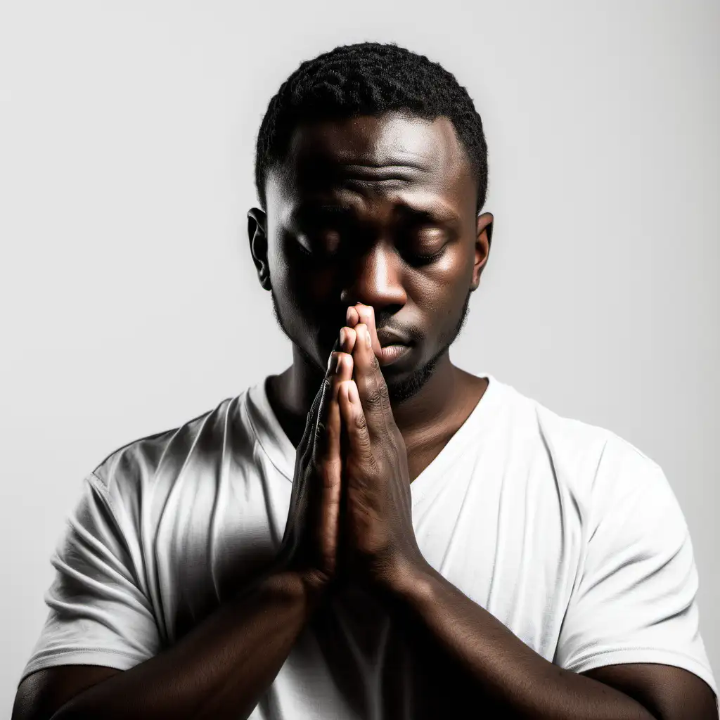 Young African American Man in Prayer on White Background