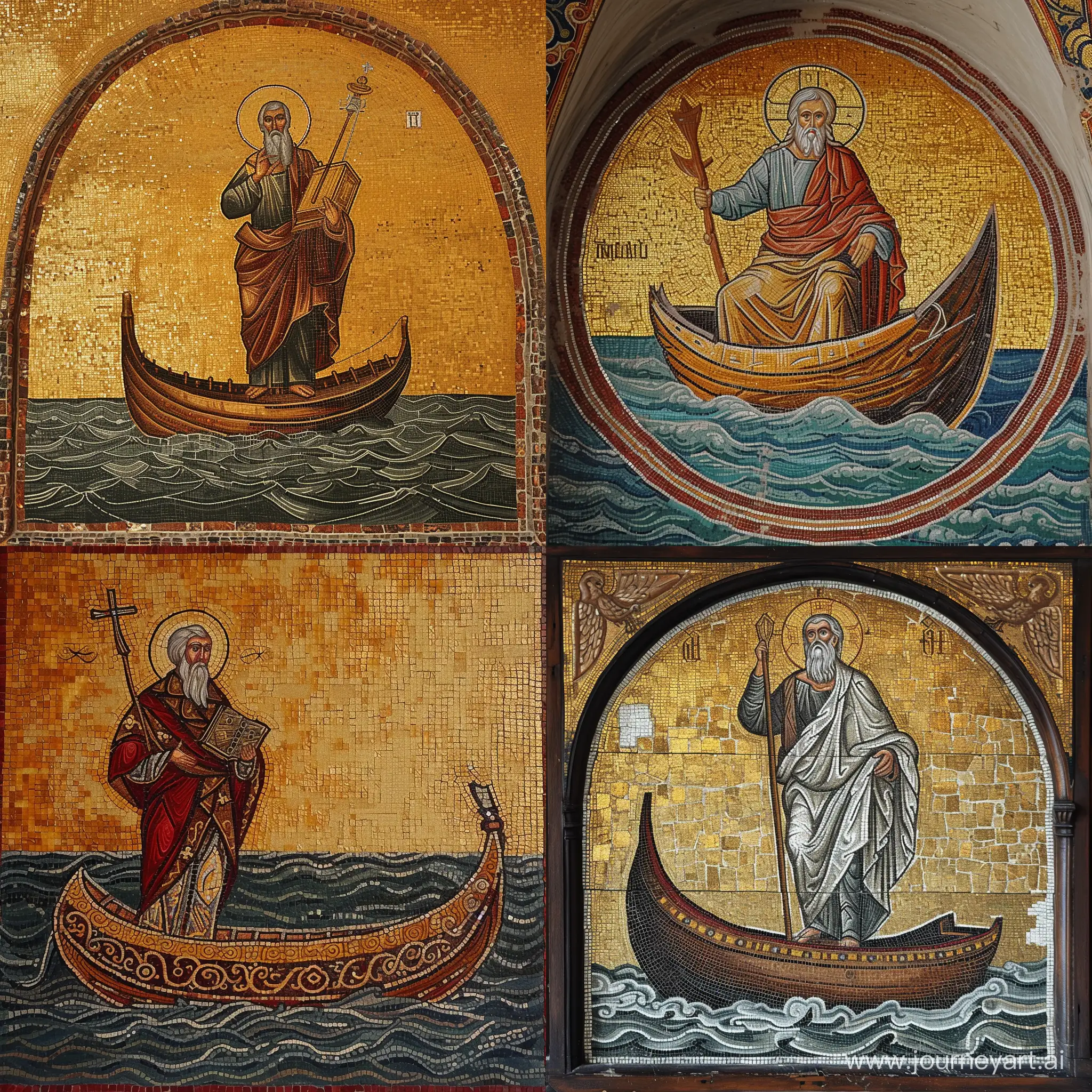Icon of the holy elder on a boat in the Byzantine style, mosaic in the old Orthodox church
