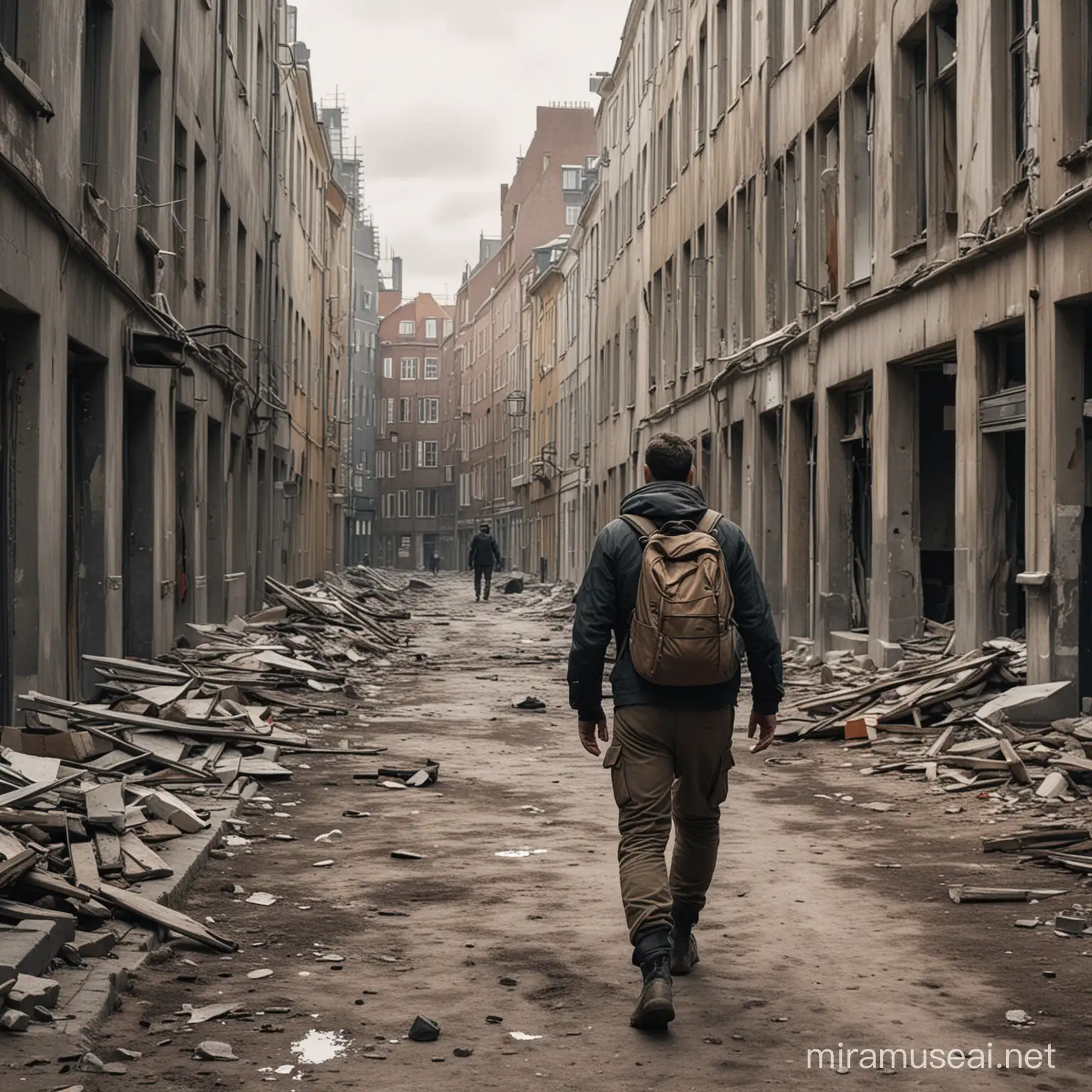 Man in hiking clothes walking alone between destroyed buildings in a post-apocalyptic Copenhagen.