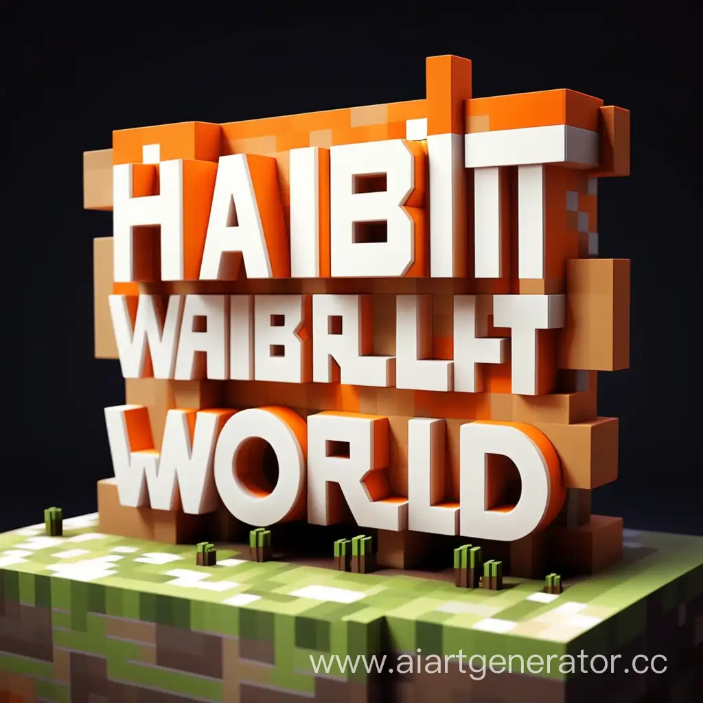 text "HabitWorld" in the style of Minecraft in orange-white color