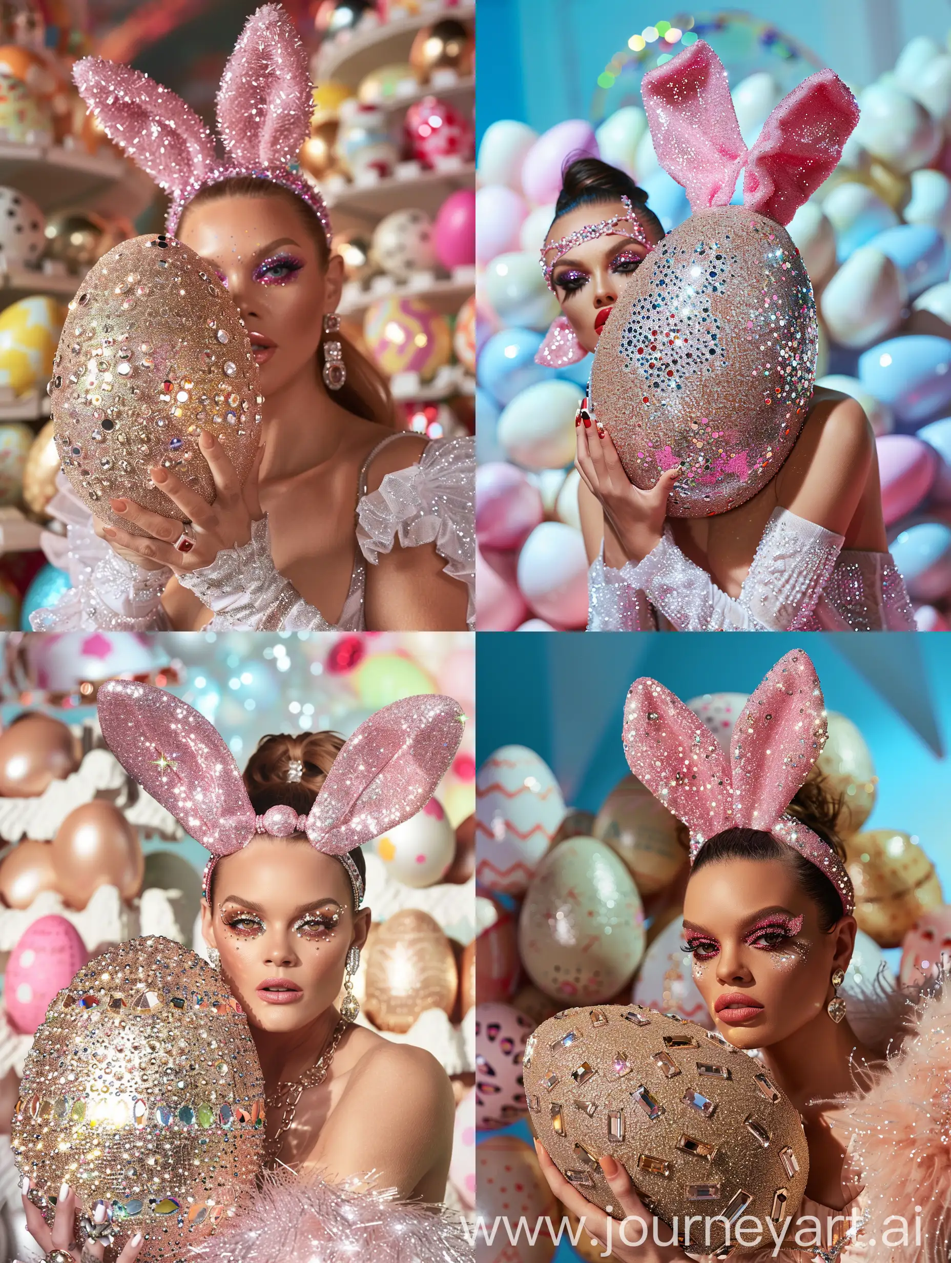 crea foto di modella che sembra Rita ora, con cerchietto a forma di orecchie di coniglio rosa glitterate, vestita alla moda, tiene in mano un immenso uovo di pasqua ricoperto di strass e brillantini, è truccata con ombretto scintillante, rossetto, sullo sfondo ci sono uova di pasqua, realistica