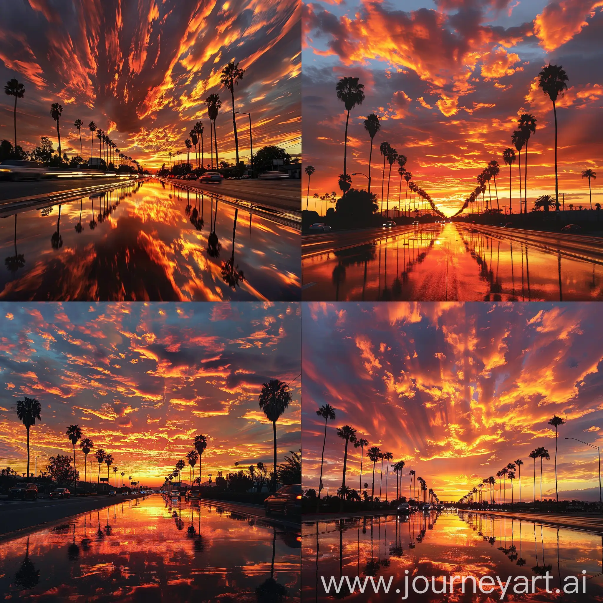 "prompt": "An image of a vibrant sunset sky with dramatic clouds and streaks of orange and red colors, reflecting on the surface of a road that leads towards the horizon. There are silhouettes of palm trees lining the road, and cars are driving on the road, capturing the sense of motion and travel during a breathtaking sunset.",
  "size": "1024x1024"