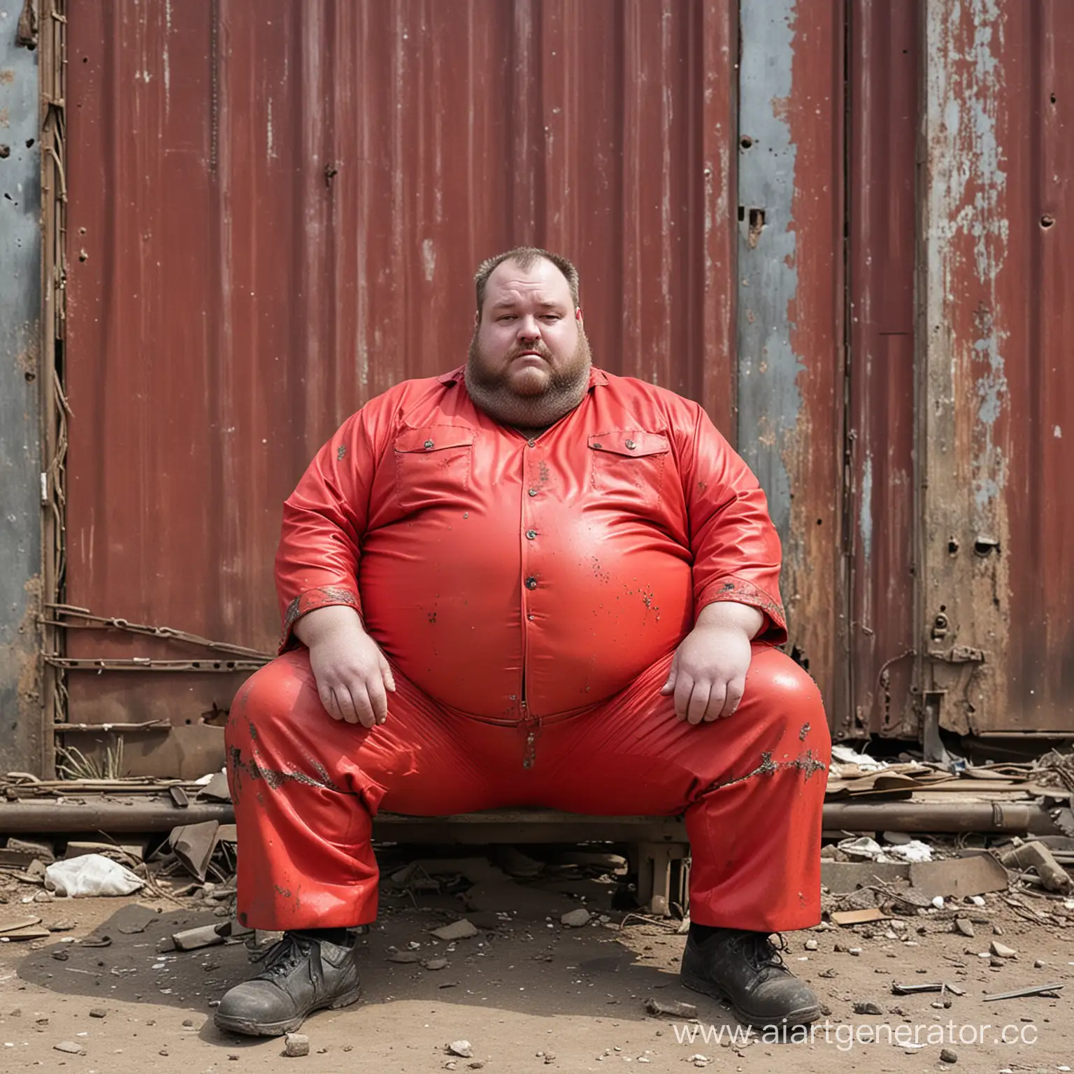 Жирный человек в красном костюме сидит перед коррозийным металлом