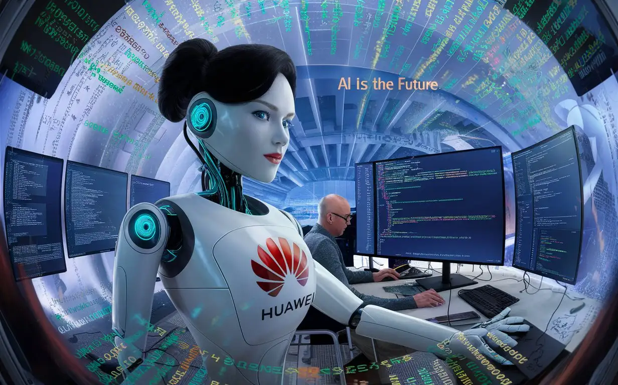 an artificially intelligent female bot , like cate blanchett, side  view , panorama,
happily  helping human engineer coding ,Huawei log emblazoned on it,writing software code in multiple screens in a futuristic scenario, Codes flying all over the place, with slogan “AI IS THE FUTURE ”