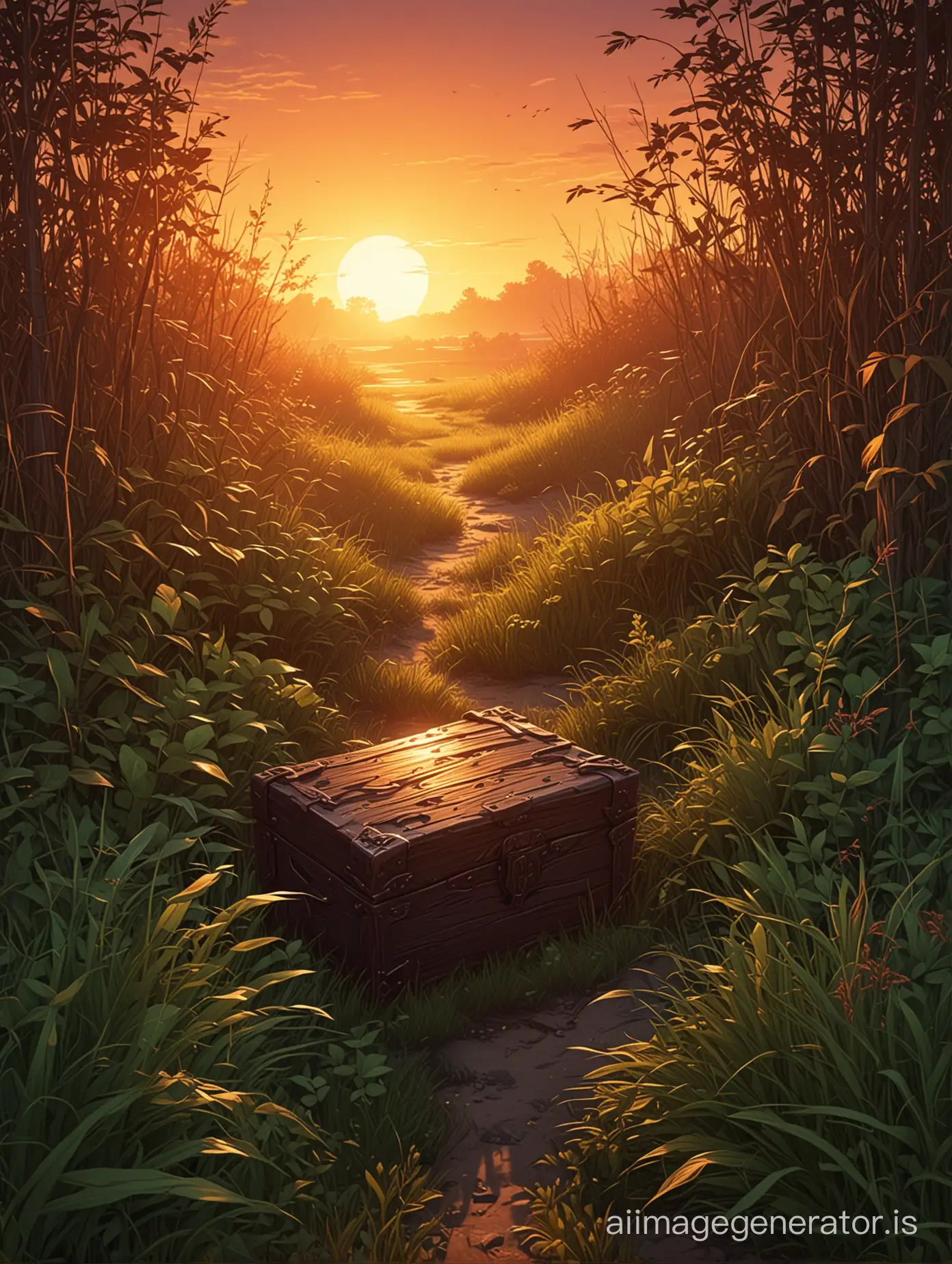 sunset time, half-buried chest partially visible in the thickets of grass (in the style of RPG games) amid dense vegetation and forest path 2D vector graphics background