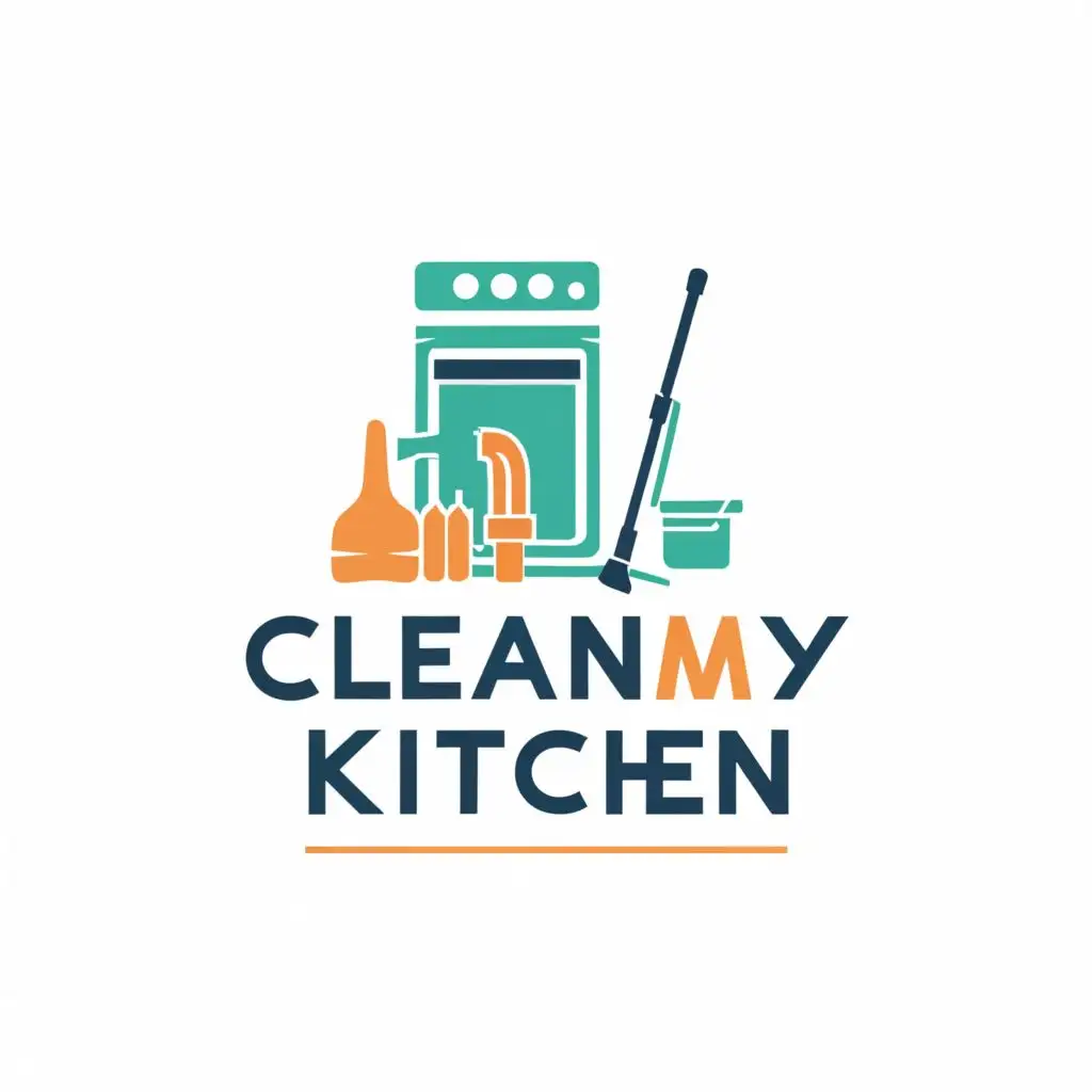 a logo design,with the text "Clean My Kitchen", main symbol:Cabinetry, stove, fridge, mop, broom,complex,be used in Home Family industry,clear background