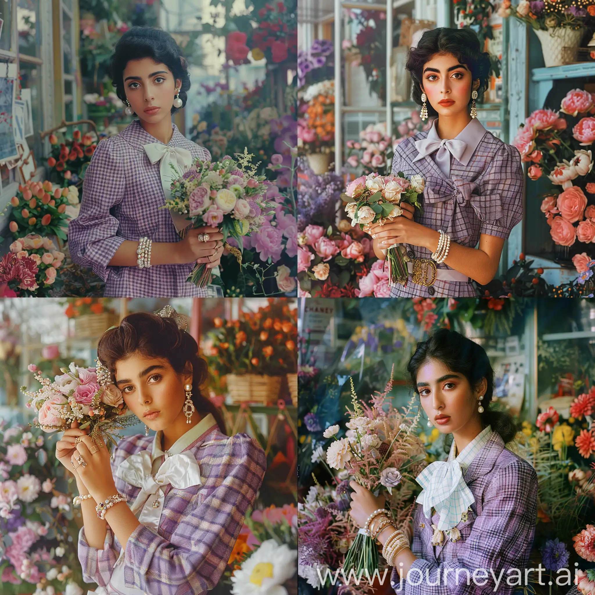 Fashionable-Woman-in-Lilac-Checkered-Tweed-Jacket-with-Bouquet
