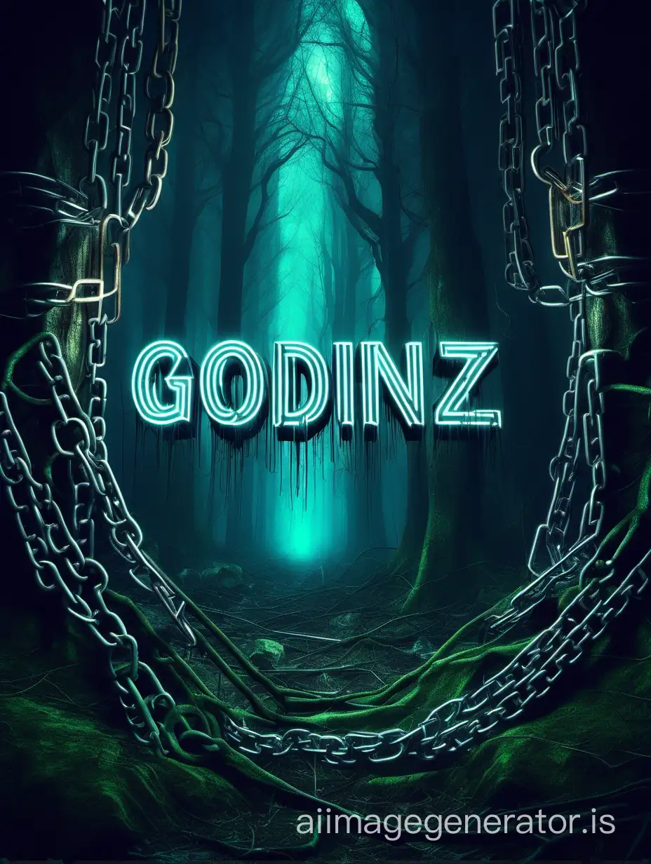 A text named as GODINZ designed with having heavy chains in died forest with having discipline neon lights